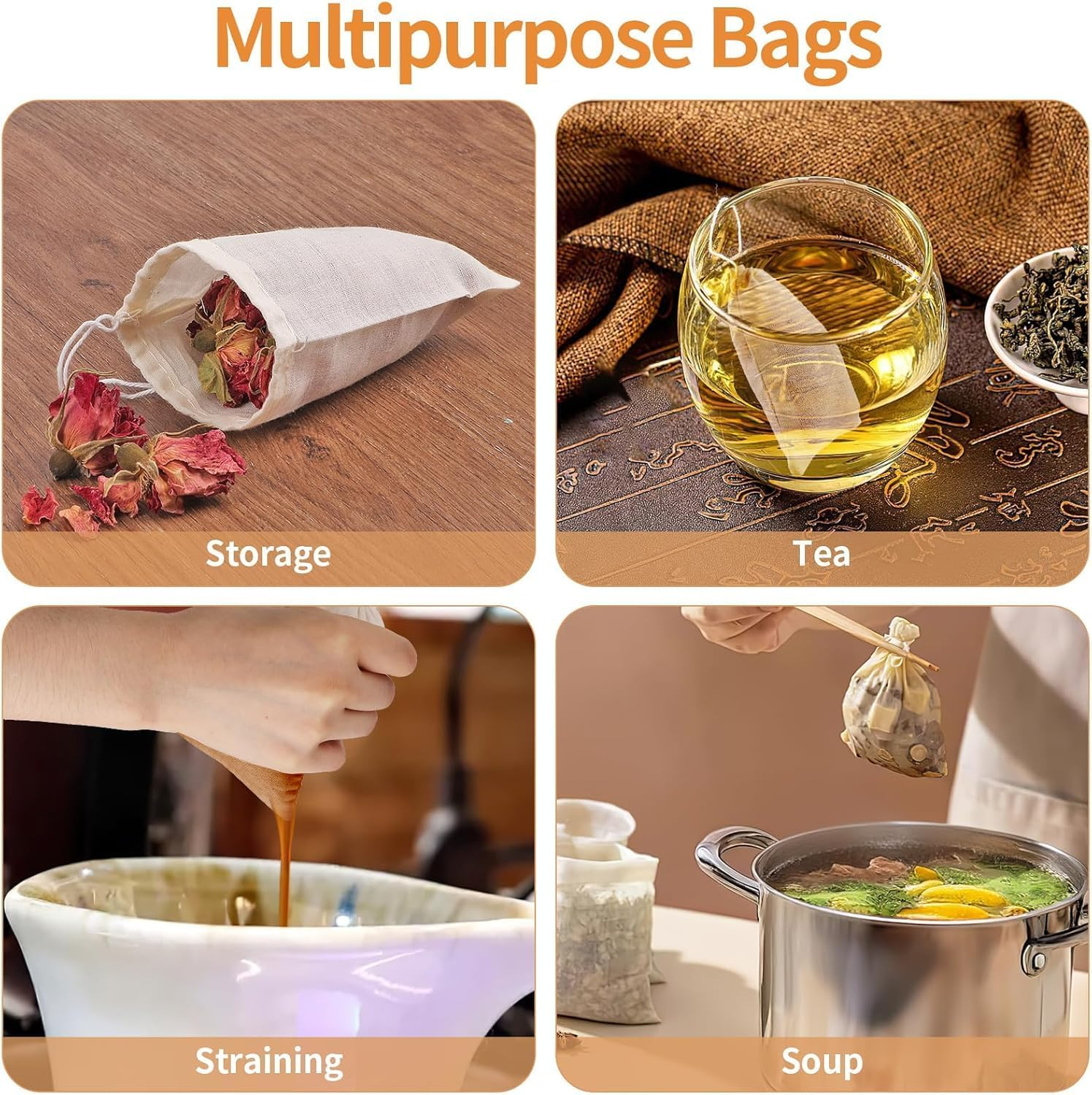 40 Pcs Reusable Muslin Spice Bags &ndash; 10X15 CM Natural Cotton Drawstring Bags for Cooking, Soup, Tea, Straining, and Herb Sachets, Unbleached Cheesecloth for Loose Tea and Cheese