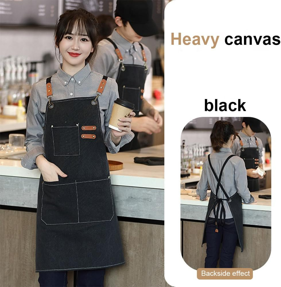 MTSDM Canvas Aprons, Work Aprons for Men Women, Adjustable Luxury Waxed Canvas Shop Apron Chef Aprons with 3 Pockets & Cross-Back Straps Tool Apron for Shop, Garden, Restaurant, Bartender, Barista image number 3
