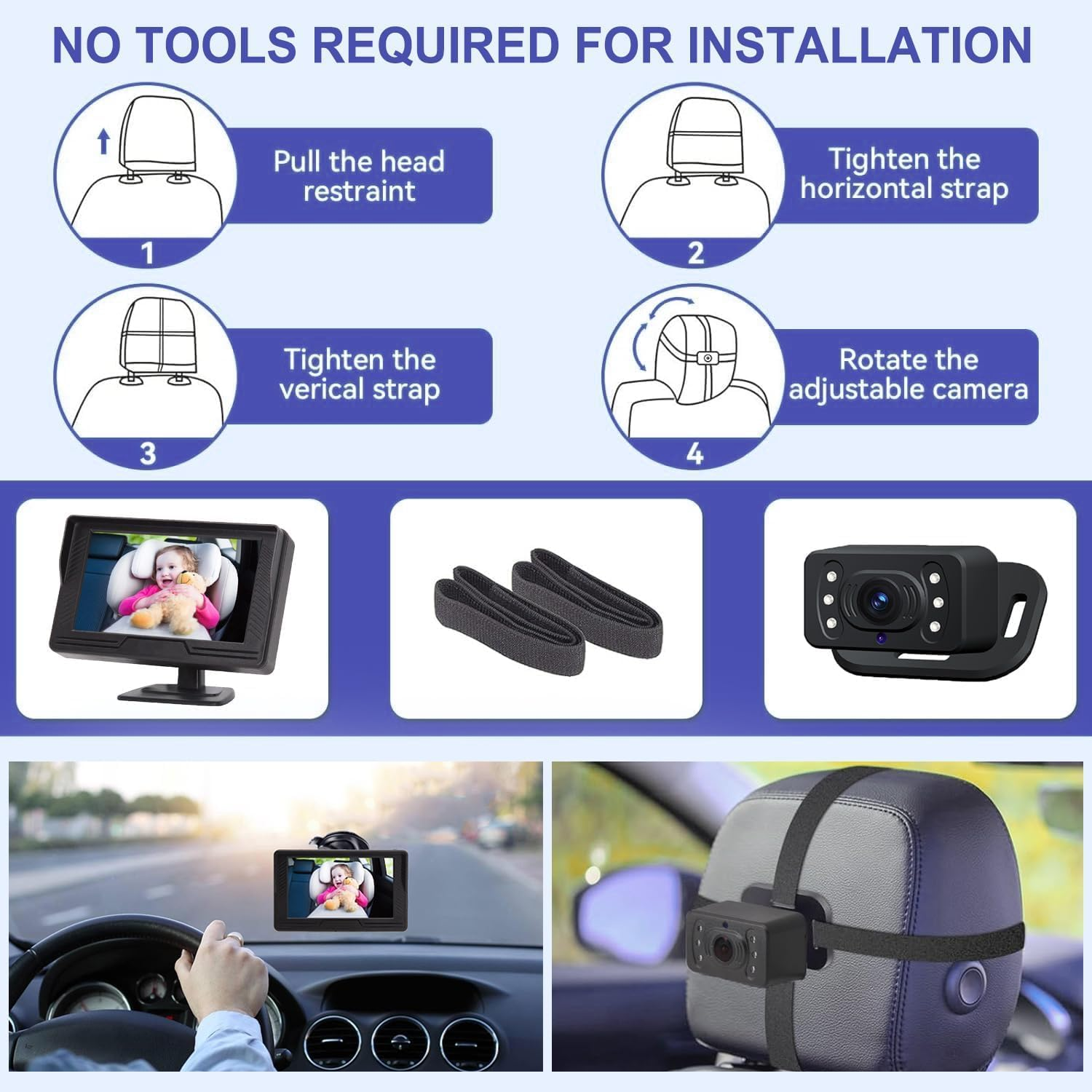 B-Qtech Baby Car Camera 1080P, 4.3'' HD Baby Car Mirror Monitor, 360&deg; Adjustable HD Night Vision with 150&deg; Wide View, Essentials for Newborn, Observe Every Movement of Baby image number 3