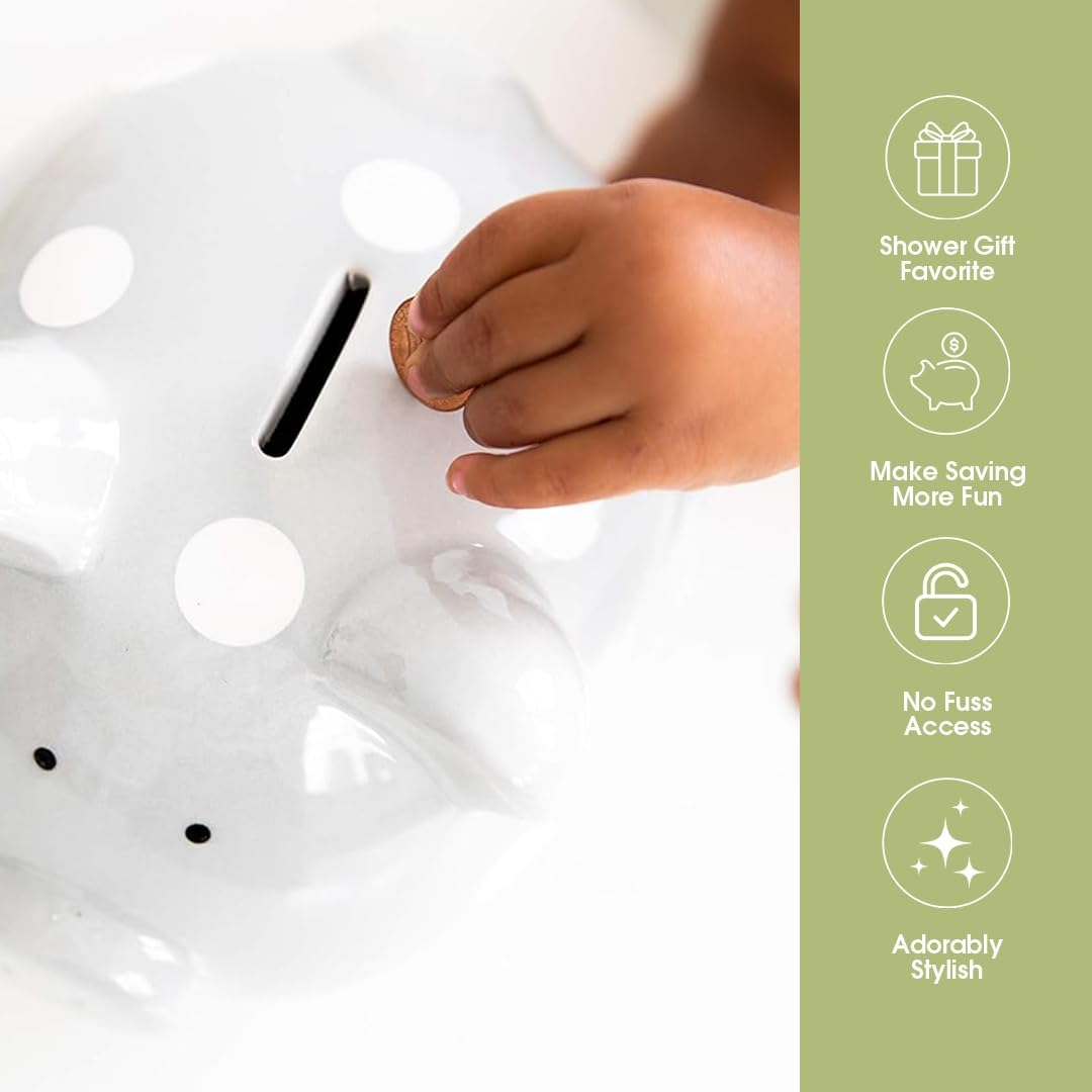 Pearhead Ceramic Piggy Bank, Gender Neutral Nursery D&eacute;cor, Baby Girl and Baby Girl Gift, Gray with White Polka Dots image number 4