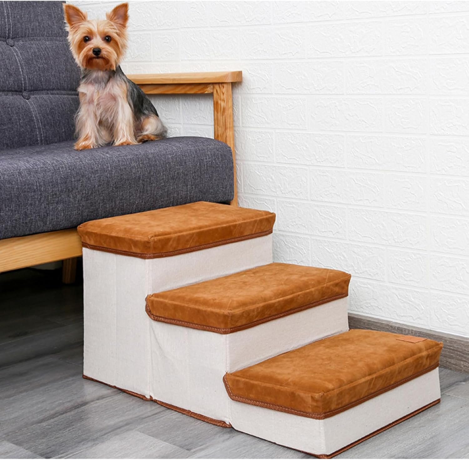 Foldable Pet Stairs with Soft Cushion, 3-Step Design, Hidden Storage, Easy Assembly, Ideal for Small Dogs & Cats (Brown, L, 3) image number 1