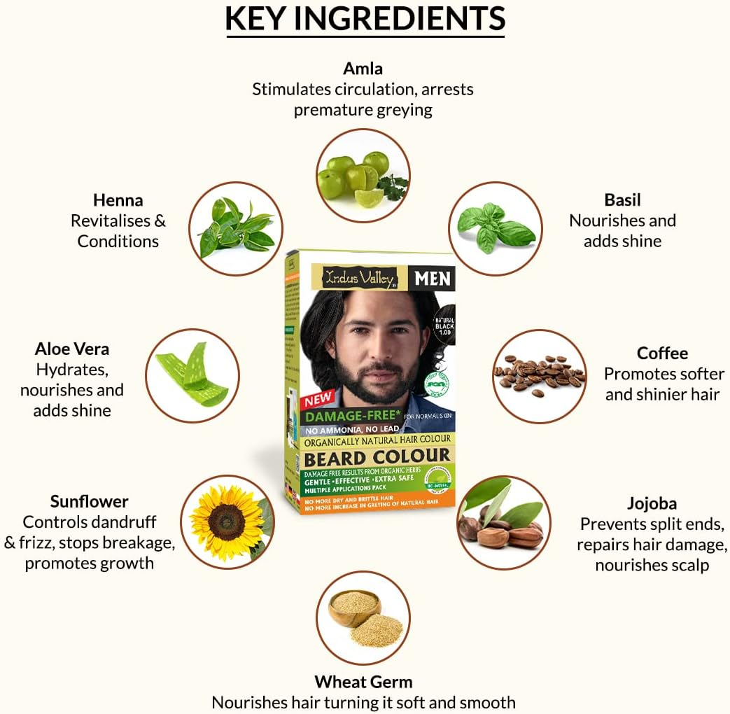 Indus Valley Natural Organic Damage Free Beard Hair Color & Moustache, Beard Dye for Grey Hair with Brush & Beard Oil Included (Black) image number 4