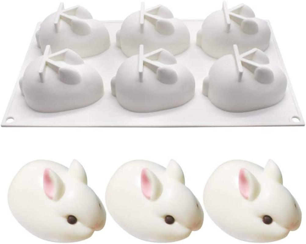 Newmemo 6 Cavity 3D Easter Silicone Bunny Chocolate Mold, Silicone Rabbit Mold, Easter Rabbit Bunny Baking Mould for Mousse Cake Pudding Jelly Dessert Fondant Cheesecake Soap Ice Tray