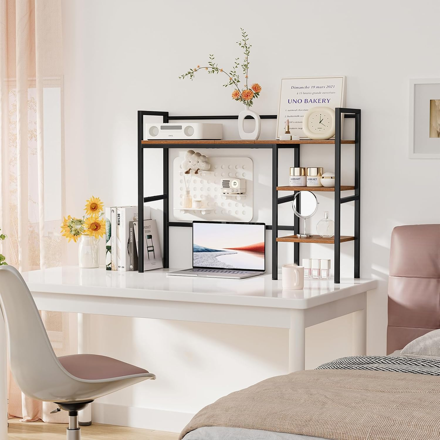 Desk Shelf, 98 Cm Desktop Organizer Shelf, Desk Hutch for Computer Monitor, 4 Tier Desktop Display Rack, Wood Bookshelf Storage Rack for Home Office Dorm (Rustic Brown, 98 CM) image number 6