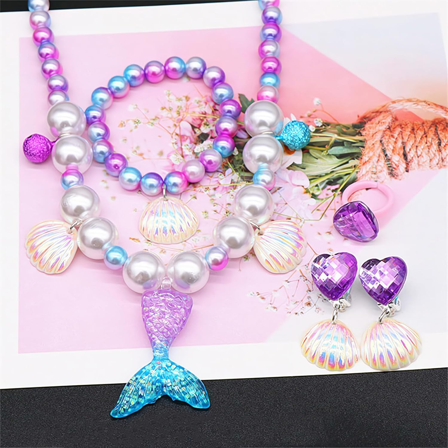 Mermaid Necklace Bracelet Set - Princess Party Accessories for Girls - Mermaid Jewelry Birthday Decorations Gift (Necklace Set) image number 2