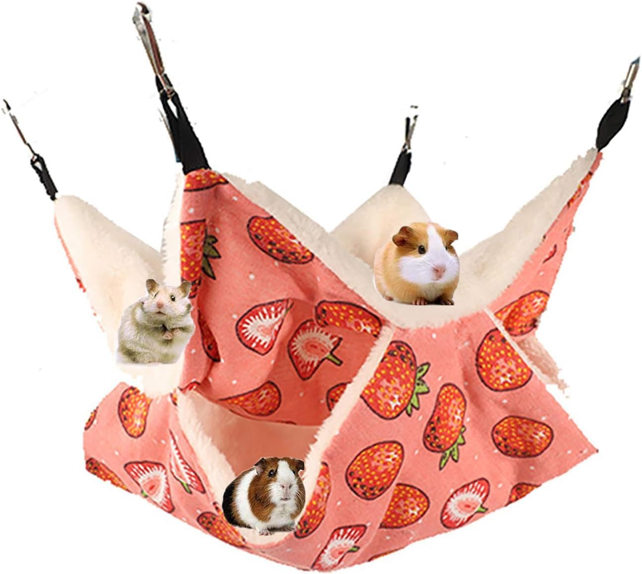 Norhogo Small Animal Hammock Double Layers Hammock for Guinea Pig Rat Ferret Small Pet Hideout with Tunnel Cave Hanging Hammock Pet Accessories, 35 X 35 Cm, Pink Strawberry Pattern image number 3