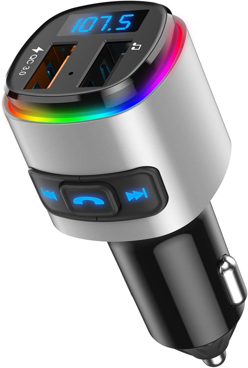 Bluetooth FM Transmitter for Car, QC3.0 Charging, Dual USB Ports, 7 Color RGB LED Backlit Bluetooth Car Adapter, Support Siri Google Assitant, U Disk, SD Card, Hands-Free Car Kit