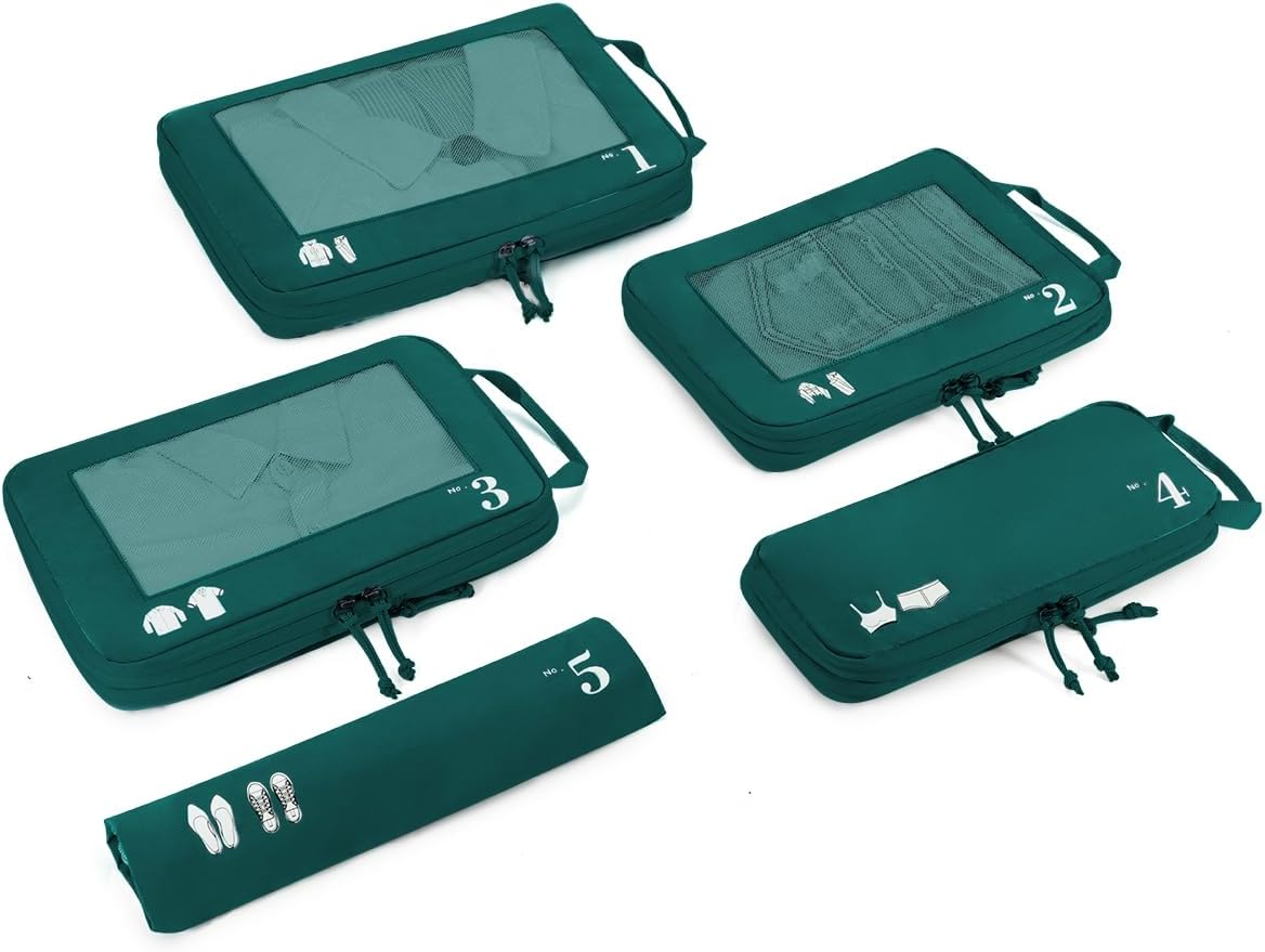 ECOHUB 5 Set Compression Packing Cubes for Suitcases, Travel Organizer Bags with Shoes Bag, Tear Resistant, Machine Washable, Dark Blue