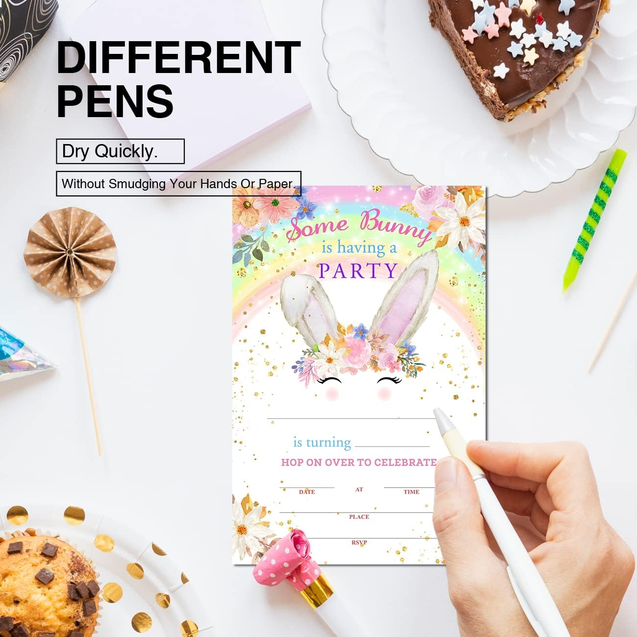 Colorful Rainbow Bunny Birthday Party Invitations with Envelopes Set of 20 Floral Some Bunny Girl Birthday Party Invites image number 1