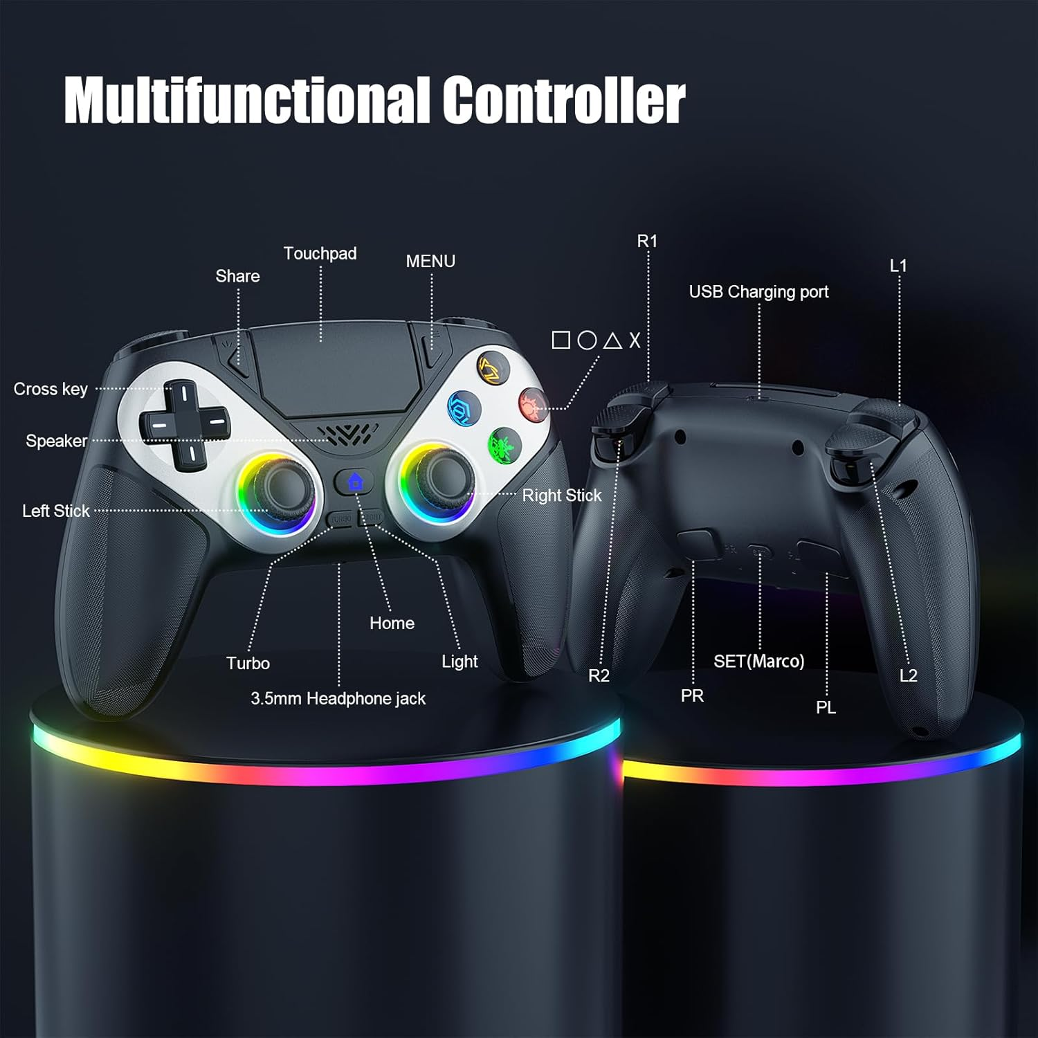 FOIRCEADAL RGB Wireless Controller for PS5/PC, 6-Axis Motion and Marco/Turbo/Vibration Function, Speaker with 3.5Mm Audio Jack for P5 Pro/Slim image number 1