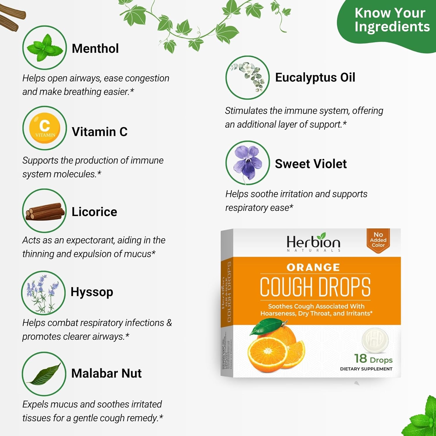 Herbion Naturals Cough Drops with Natural Orange Flavor, Dietary Supplement, Soothes Cough, for Adults and Children over 6 Years, 18 Drops, No Artificial Flavor, No Added Color. image number 6