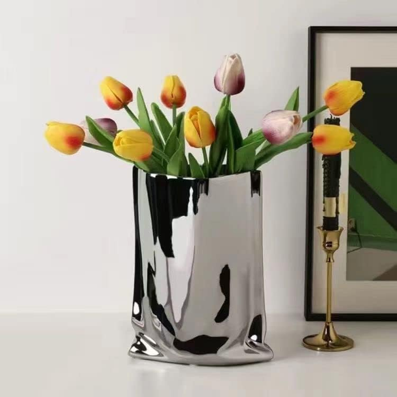 Sliver Ceramic Vase - 9.1 Inch Tall Flower Vase Minimalist Nordic Style for Home Decor, Centerpiece Vases for Wedding Dinner Table Party Living Room Office Bedroom image number 1