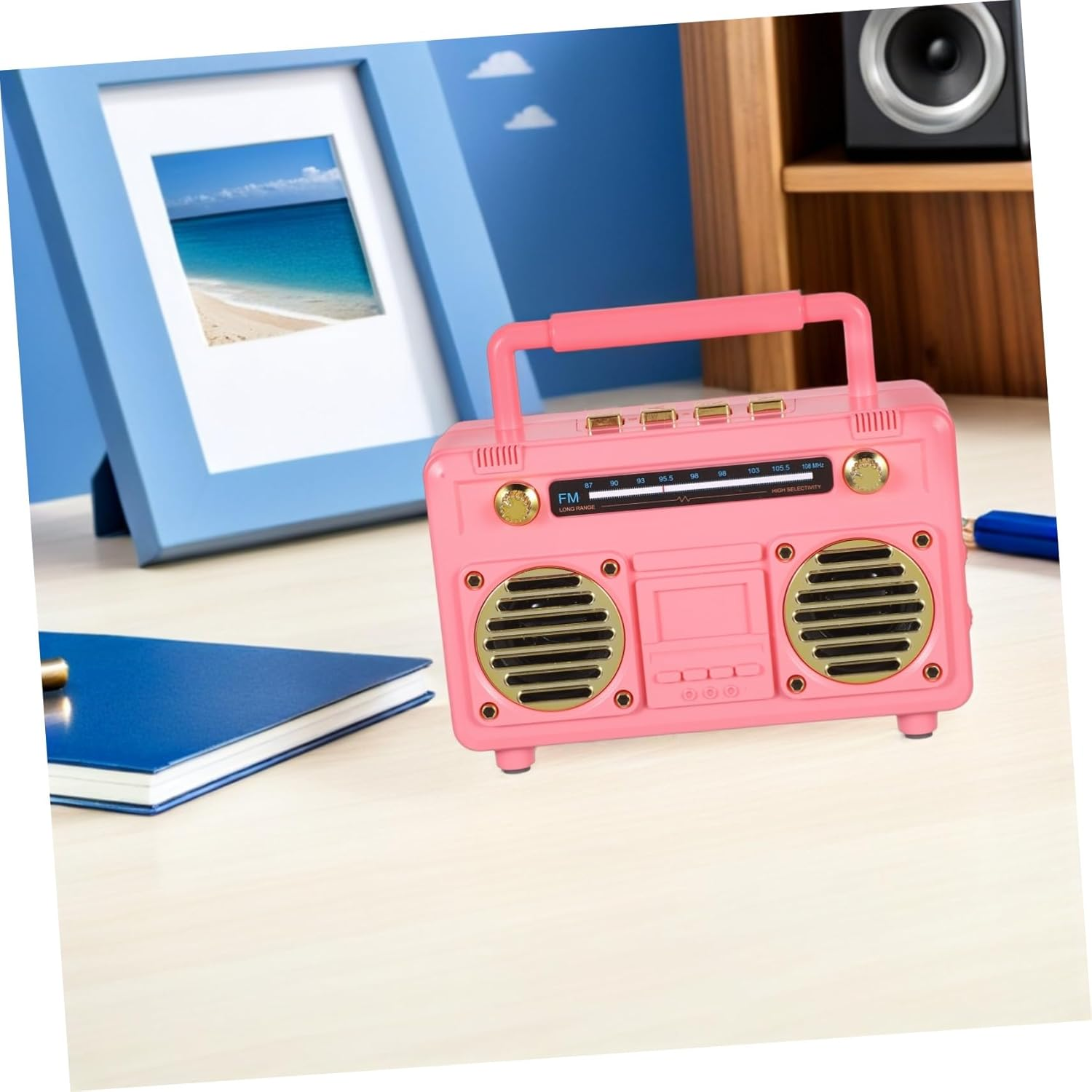 TEHAUX Portable Retro Mini Wireless Speaker with Subwoofer Compact Radio-Style Soundbox for Outdoor Adventures Desk and Bedroom Decor Long Battery Life Travel-Friendly Pink Design image number 5