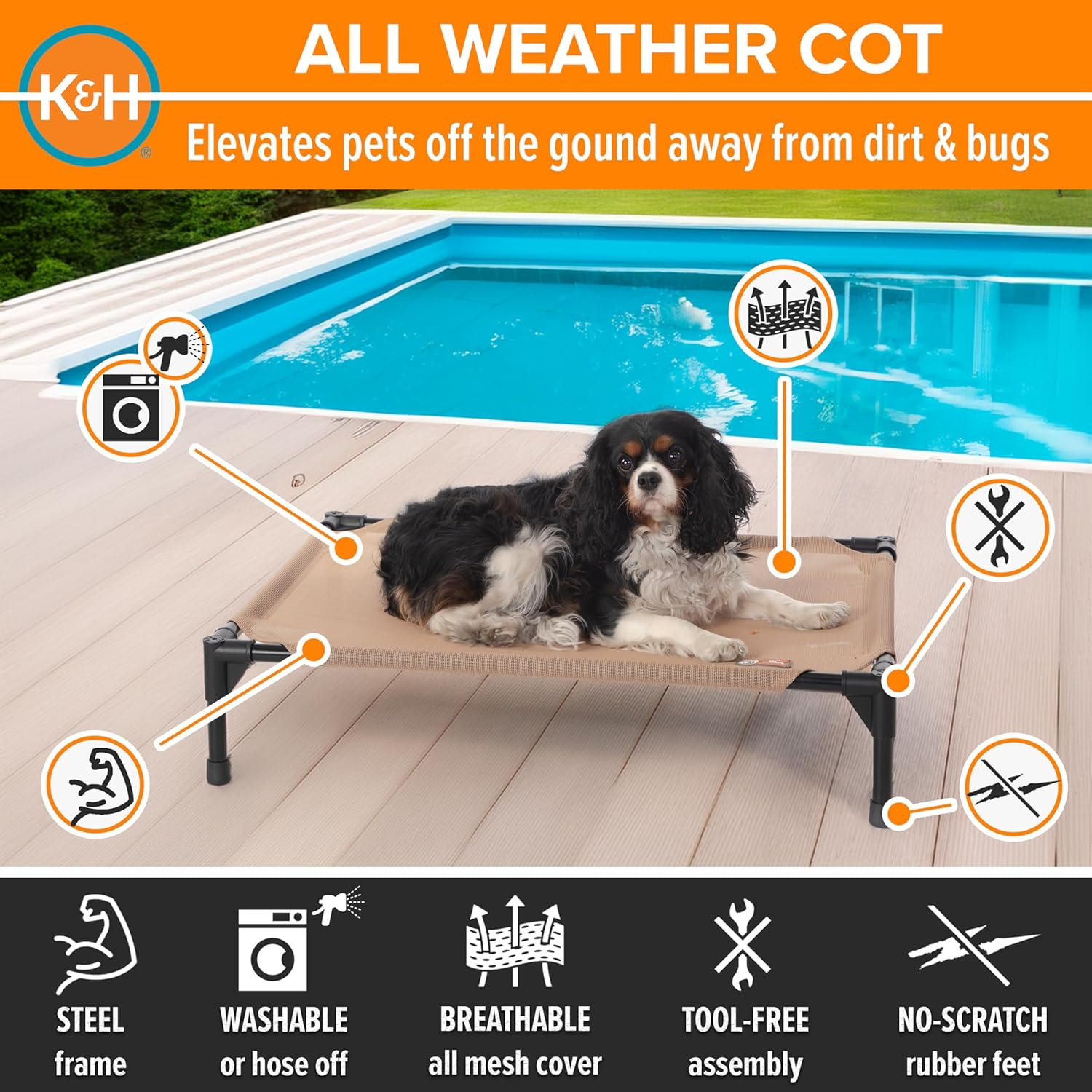 K&H Pet Products Elevated Outdoor Dog Cot Bed, Raised Cooling Bed with Washable Breathable Mesh for Medium Dogs, Portable Raised Platform Pet Bed, Heavy Duty Metal Frame Hammock Bed, Medium, Tan