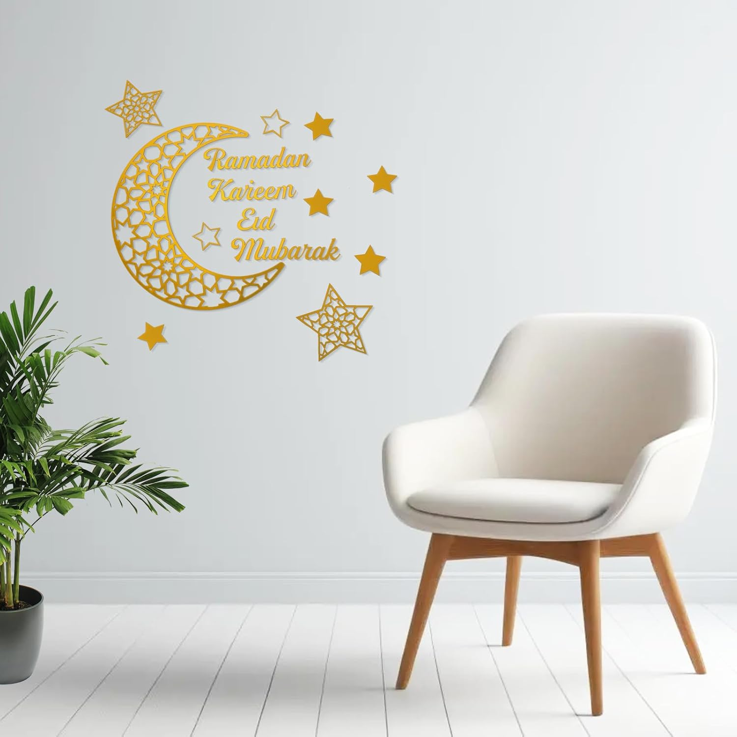 Fiohiros Gold Acrylic Ramadan Decorations Sticker Wall, Mirror Ramadan Wall Stickers with Adhesive Art Decal, Eid Mubarak Wall Art Decoration for Bedding Room Wall Decoration (Gold Star Moon) image number 2