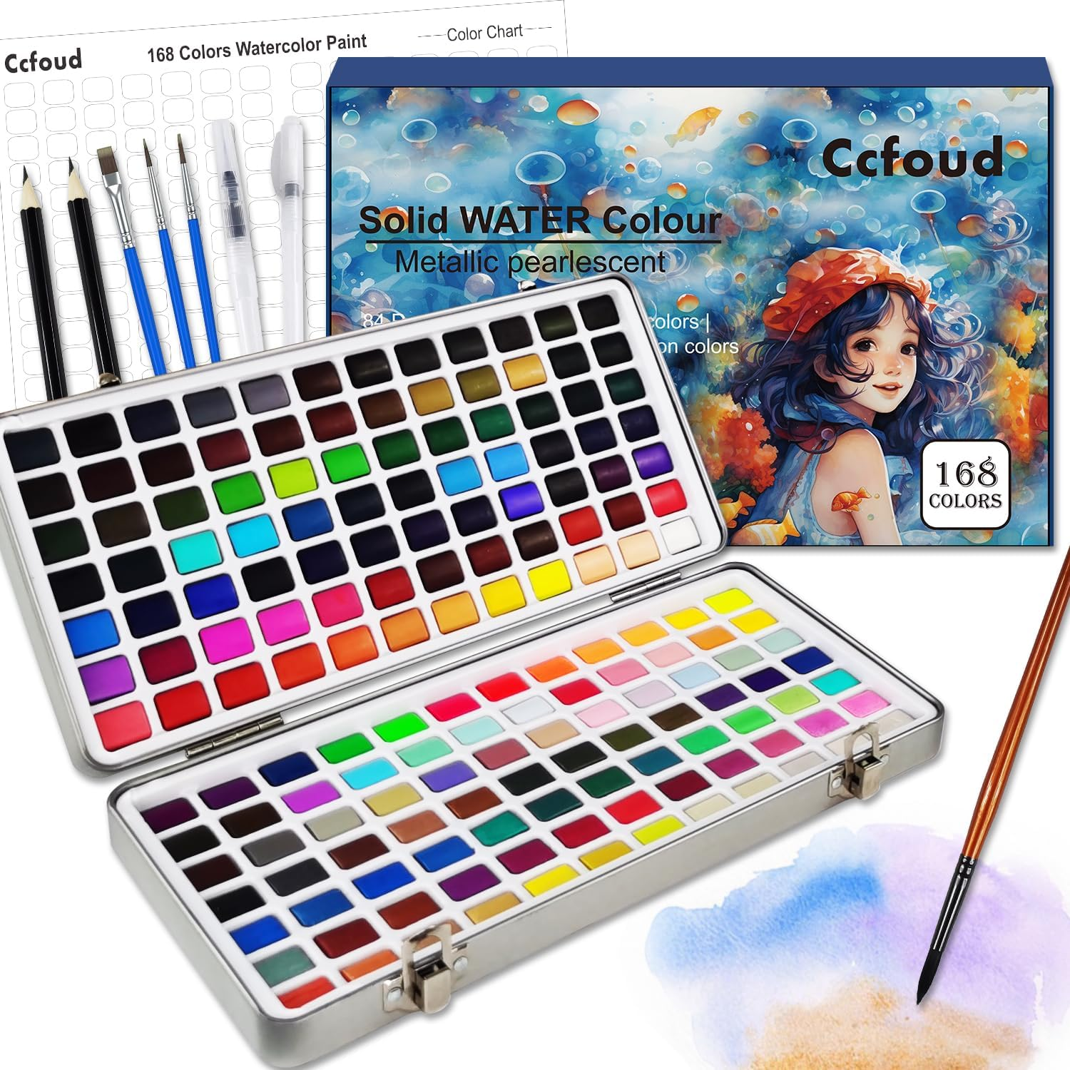 Watercolour Paint Set, 168 High Pigment Watercolor Paint Palettes with with Metallic, Fluorescen,Macaron Colors Brush Pen, for Artists, Amateur Hobbyists and Painting Lovers, Painting Art Supplies for Adults image number 5