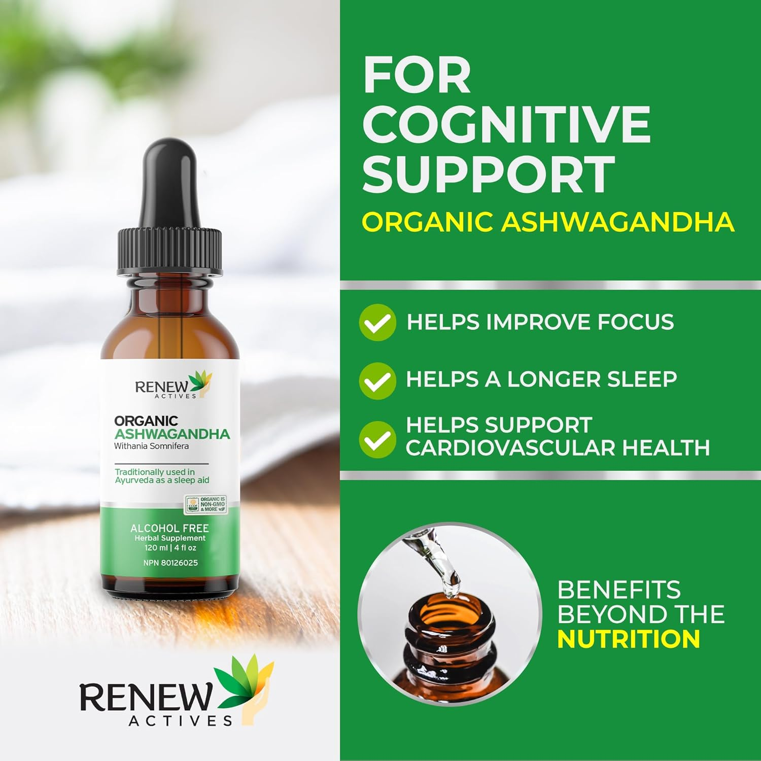 Renew Actives Organic Ashwagandha Liquid &ndash; Fast-Absorbing Formula for Cognitive Function, Memory, Energy, Stress Reduction, Restful Sleep, Immune Health, Vitality & Mental Clarity &ndash; 120 Ml