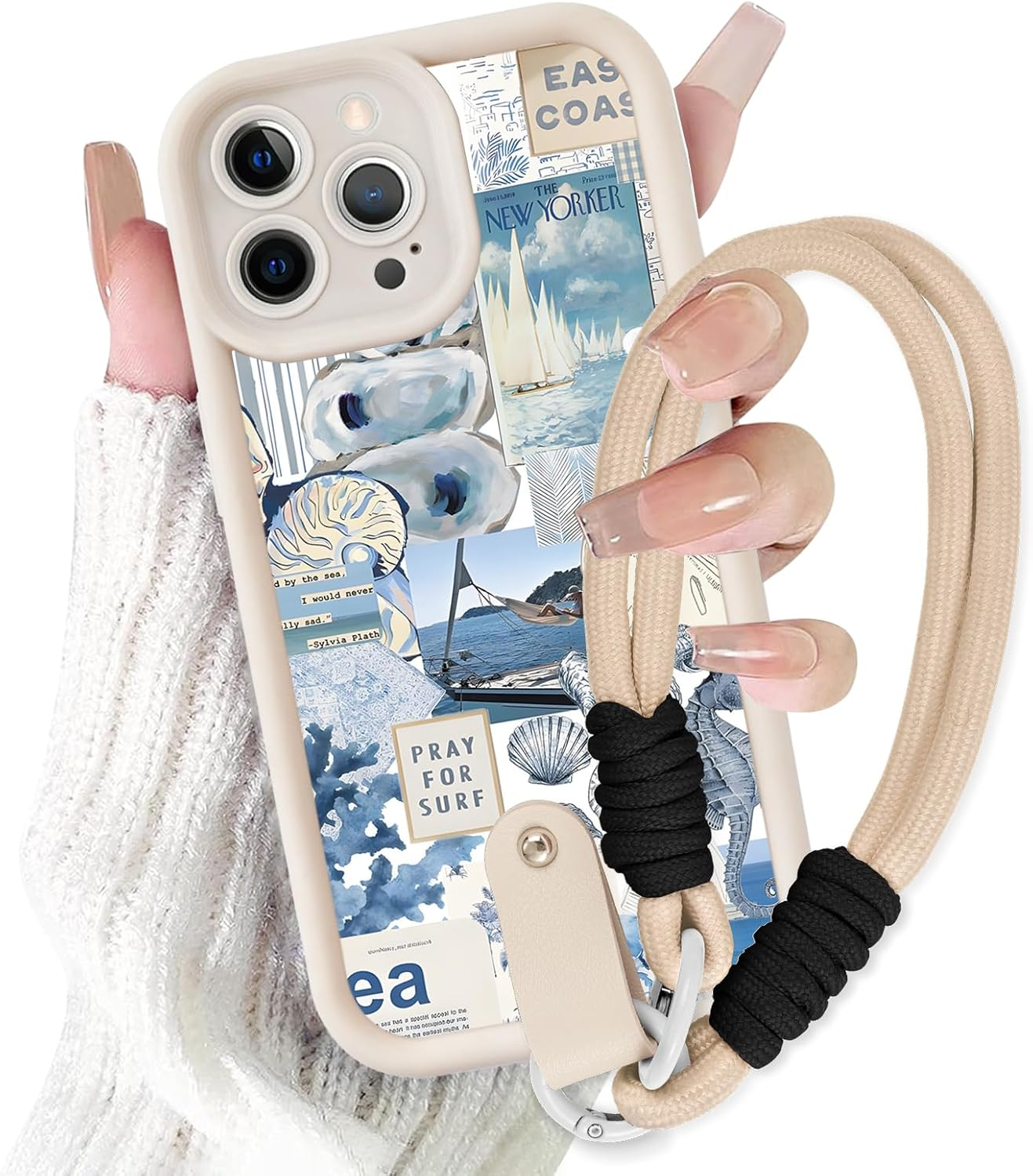 Yoedge Mobile Phone Case for Iphone 15, Case with Strap Chain, Cord Protective Case with Collage Aesthetic Coral Shells Pattern with Cord for Hanging Cover, Silicone Case 6.1 Inches, Puzzle