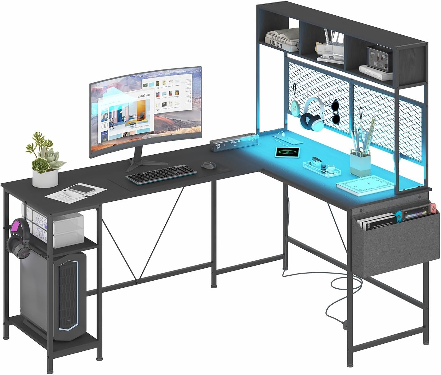 Advwin 170Cm L Shaped Gaming Desk with LED Lights & Power Outlets Reversible Computer Desk with Storage Shelf Corner Desk 2 Person Gaming Table with Pegboard and Storage Shelves White