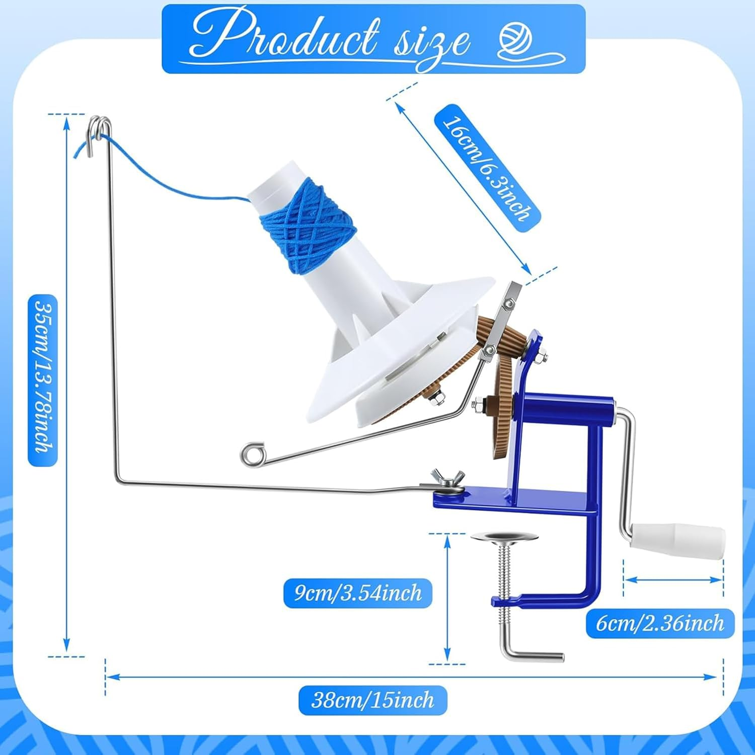 Large Metal Yarn/Fiber/Wool/String Ball Winder - 10 Oz，Hand Operated, Blue and White image number 2
