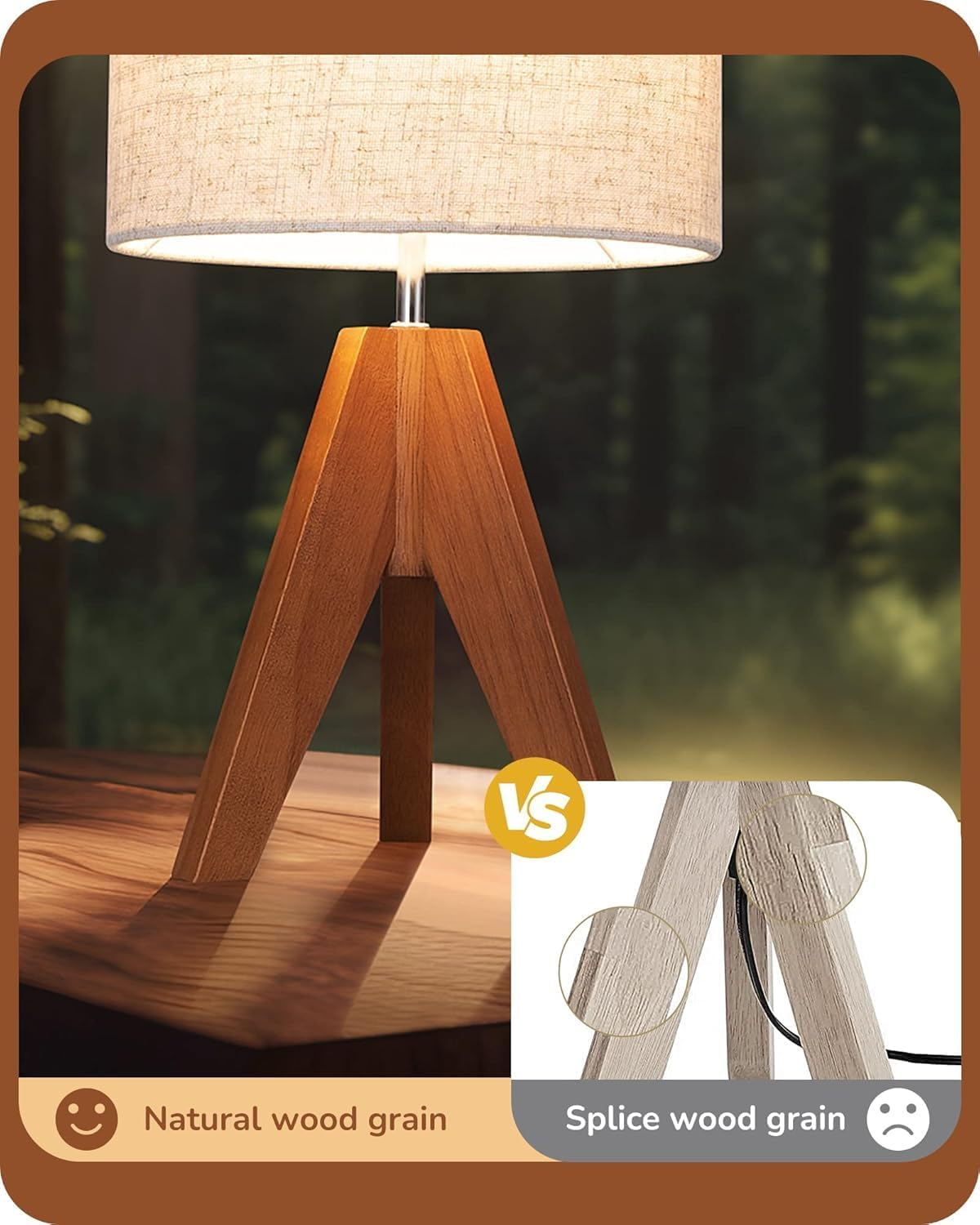 Telfun Tripod Table Lamp, Small Cute Bedside Lamp with Linen Beige Lampshade, Nightstand Lamp for Nursery, Bedroom, Kid Room, Living Room, Light Brown Wooden Base, AU Plug