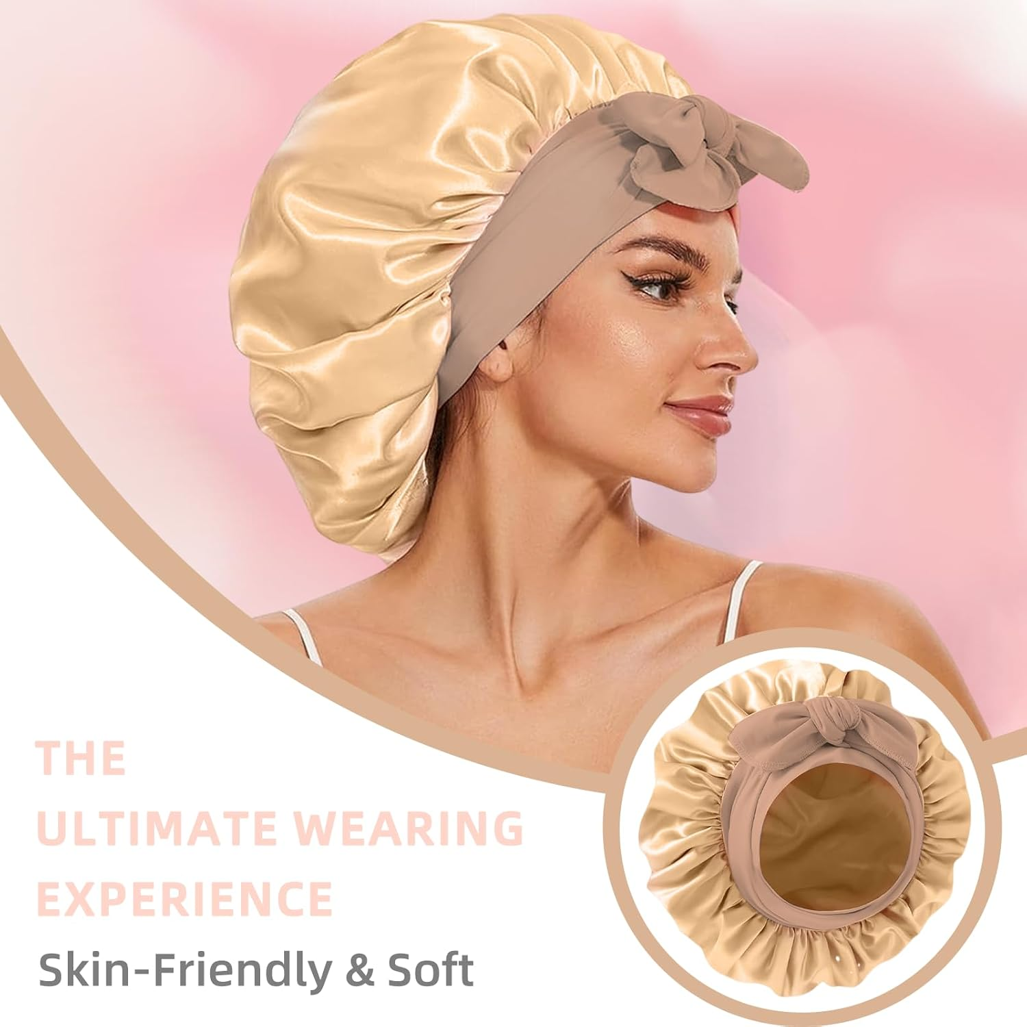 JZS Silk Bonnet for Sleeping Women Satin Double Layer Lined Hair Bonnet with Tie Band Curly Hair image number 2