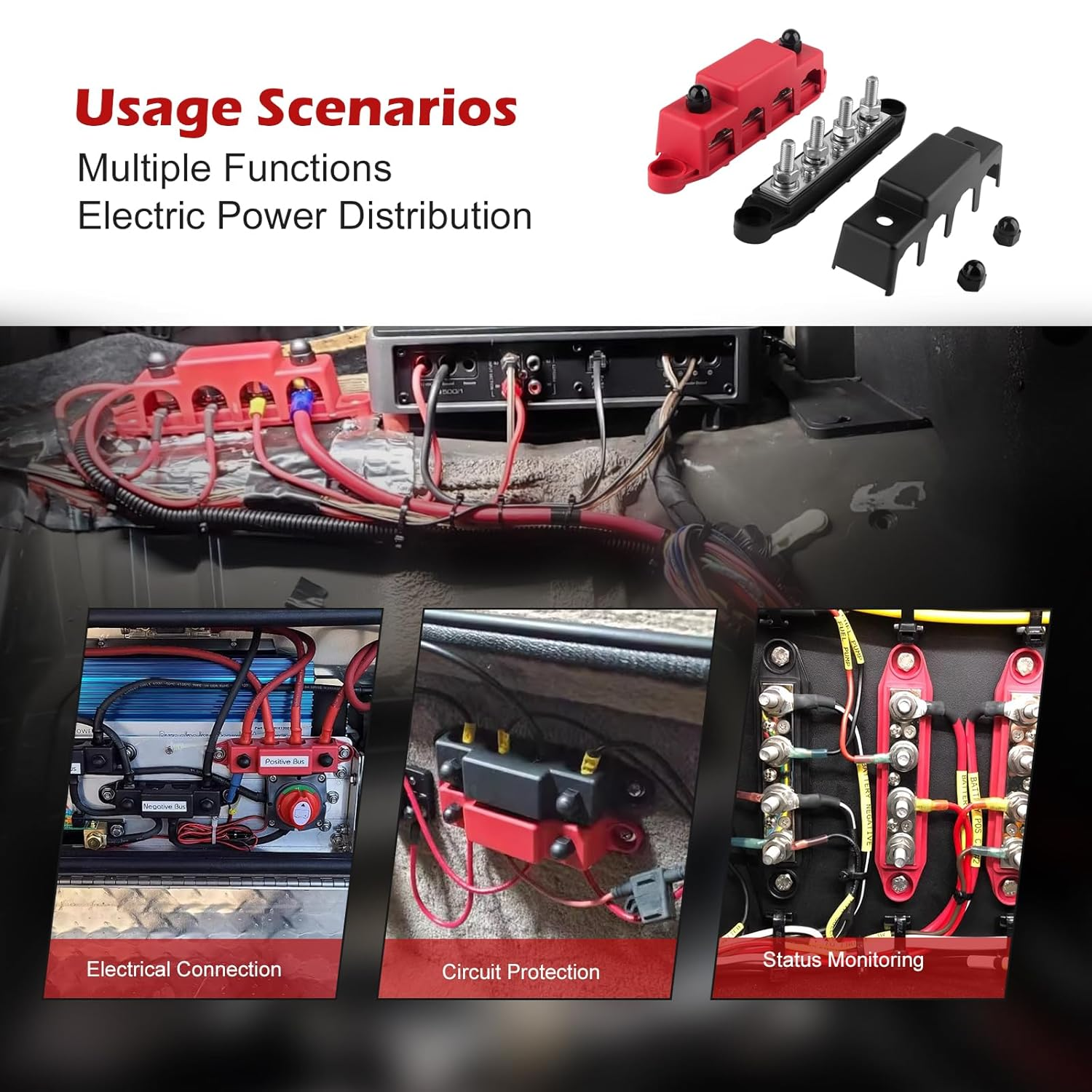 12V Bus Bar Power Distribution Block, 250A Battery Busbar Terminal Block with Cover, 4 X 5/16" Studs, Anti-Galling Battery Junction Blocks for Automotive Marine Cars Rvs Ships Yachts image number 5
