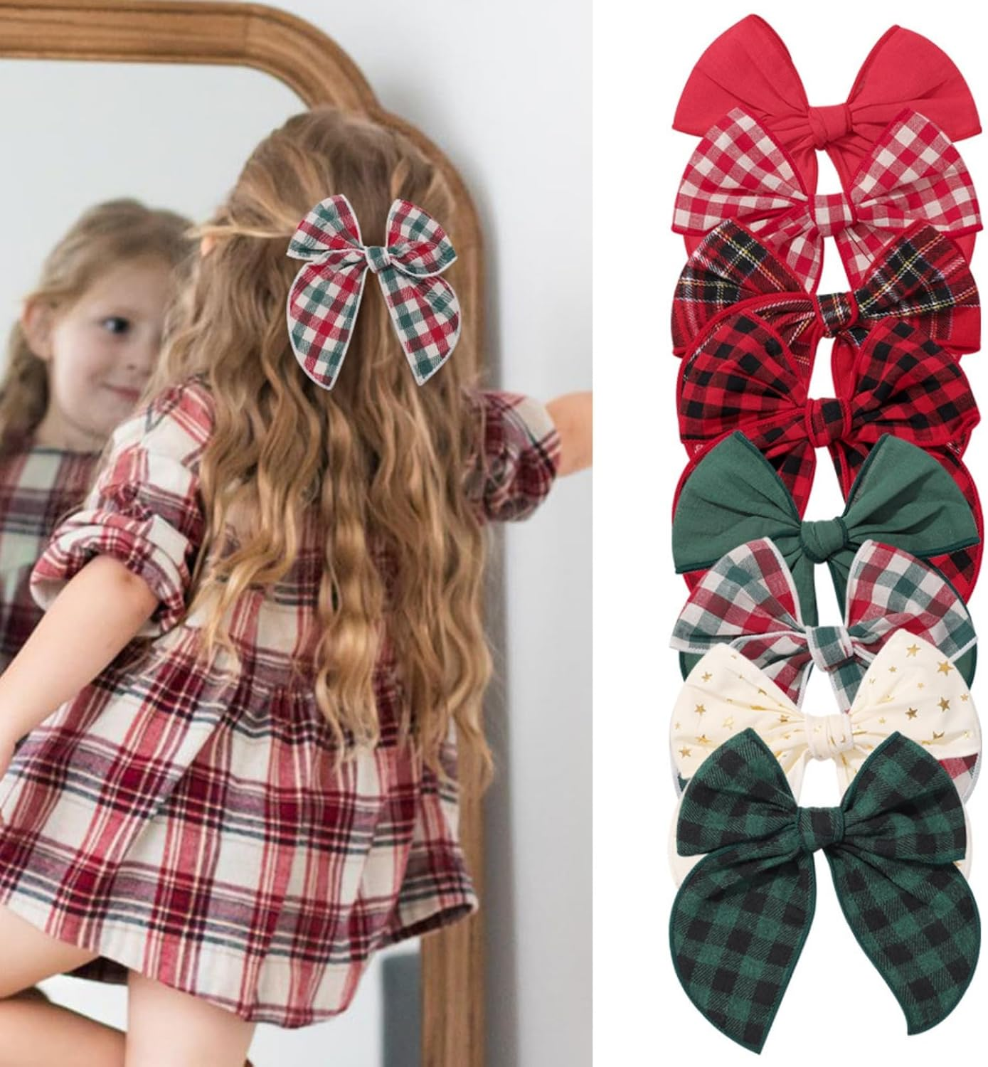 Itadaku 8 Pcs Christmas Hair Bows for Girls, Large Cotton Linen Gingham Swallowtail Hair Clips, Retro College Style Accessories for Women and Girls image number 4