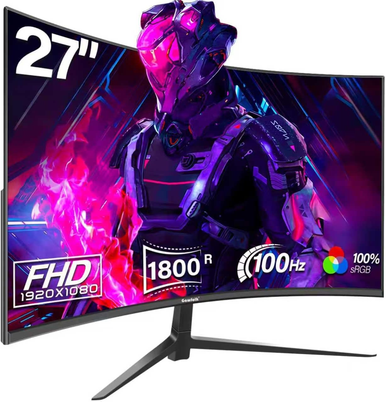 Gawfolk Curved Monitor 27 Inch 100Hz, PC Screen with Speaker 1080P, 1800R Computer Monitor with Eye Care Technology HDMI DP, Supports VESA image number 3