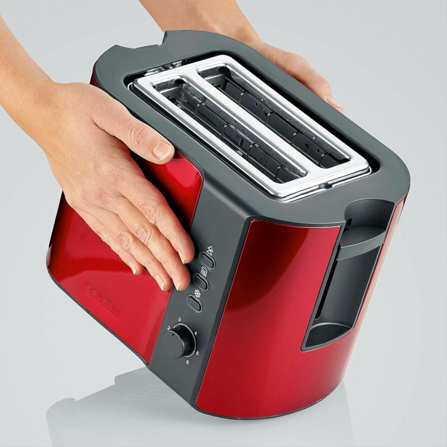 Severin Automatic Toaster, 2 Slice, Stainless Steel, Red, 800W, 6 Browning Levels, Bun Attachment, Defrost, Warm, Automatic Shut Off image number 2
