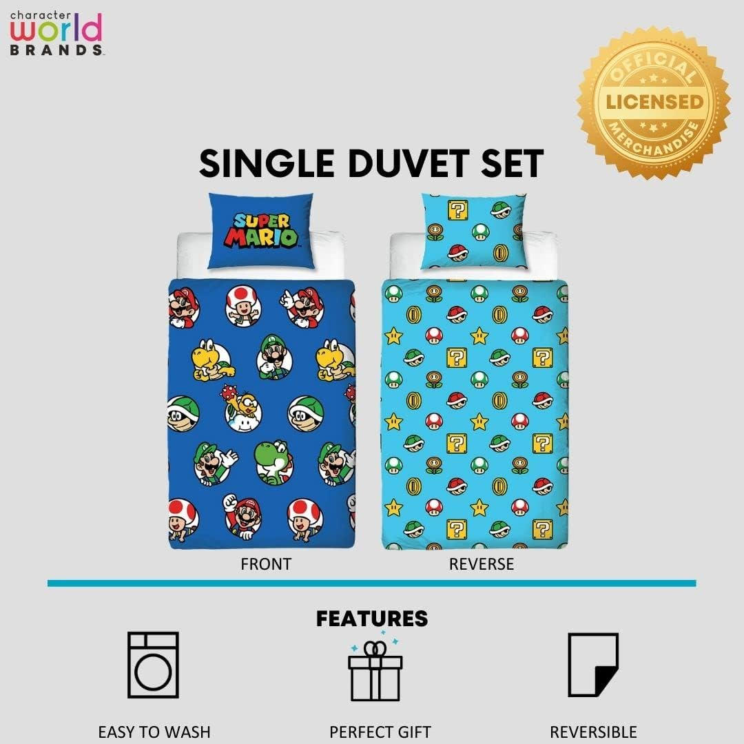 Nintendo Super Mario Official Single Duvet Cover Set, Continue Design | Blue Reversible 2 Sided Bedding Cover Official Merchandise Including Matching Pillow Case image number 6