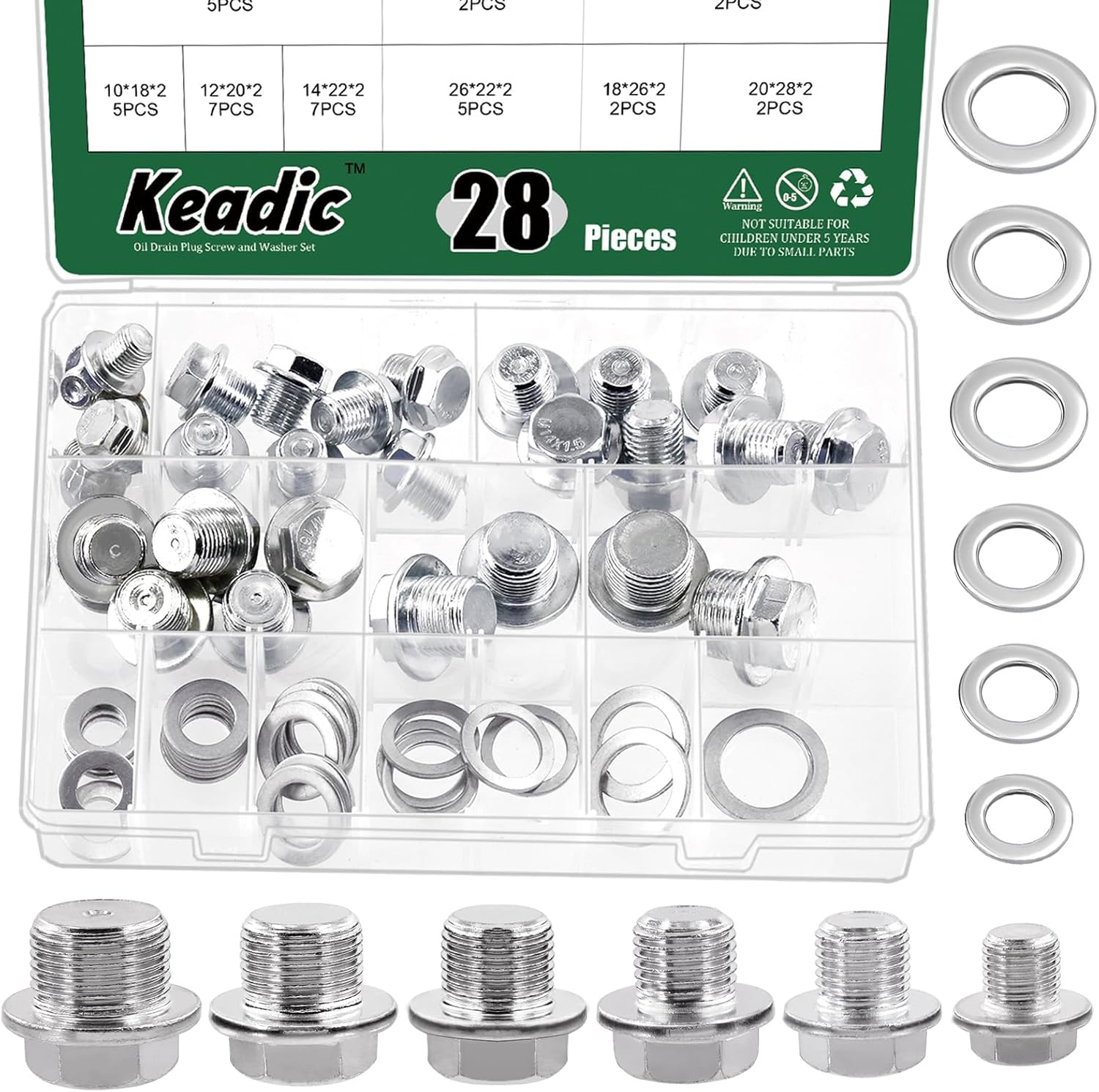 Keadic 28Pcs Universal Oil Drain Plug Gasket Assortment Kit, Automotive Metric Drain Plugs Compatible with Jeep GM Ford Honda Toyota Nissan image number 3