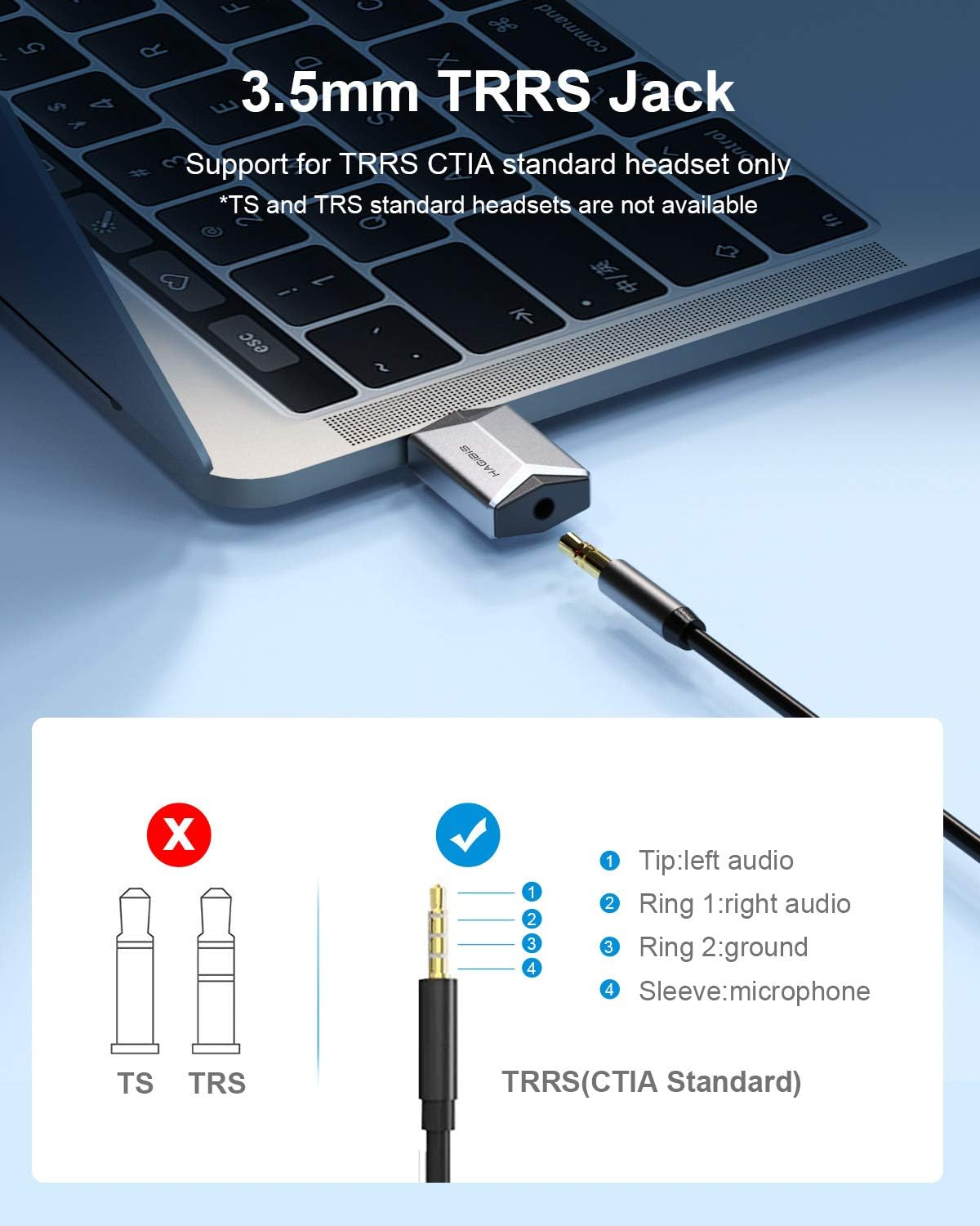 Hagibis USB External Sound Card Adapter Alloy 2 in 1 USB to 3.5Mm AUX TRRS Headphone and Microphone Jack Audio Adapter Mic Stereo Sound Card for Windows, Mac, PC, Laptops, Desktops, PS4, PS5 (Grey) image number 6