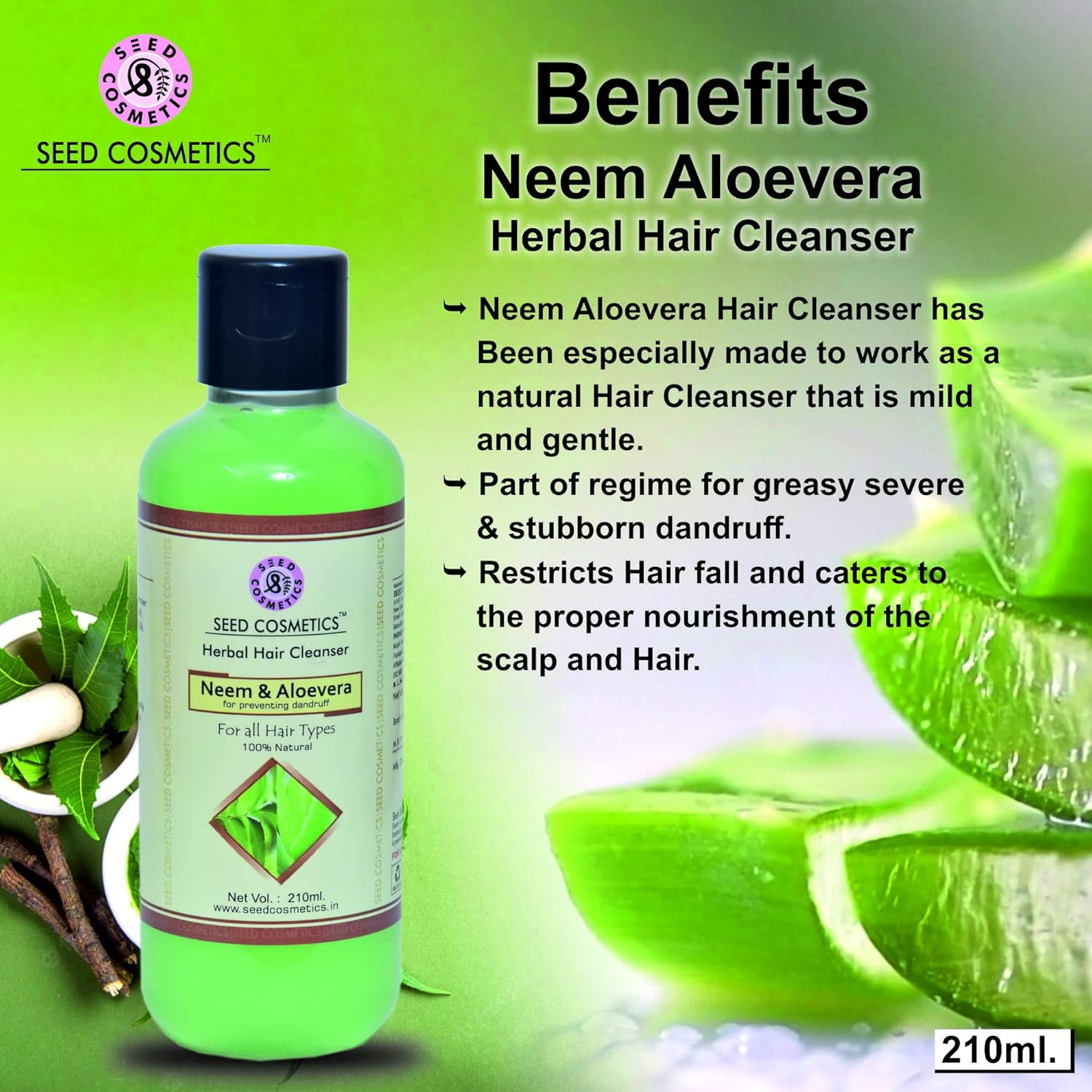 Seed Cosmetics Herbal Neem & Aloevera Hair Shampoo 100% Natural for Helps to Hair Growth Pack of 4 (840Ml) image number 1