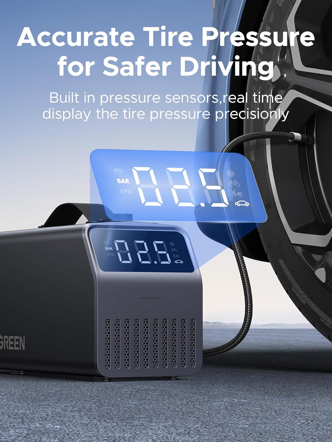 UGREEN Car Tyre Inflator Portable Air Compressor, [150 PSI] [4X Faster] DC 12V 120W Air Pump with Digital Tyre Pressure Gauge and LED Light, Mode Fast Inflation for Cars, Bikes, Motorbikes, Balls image number 3