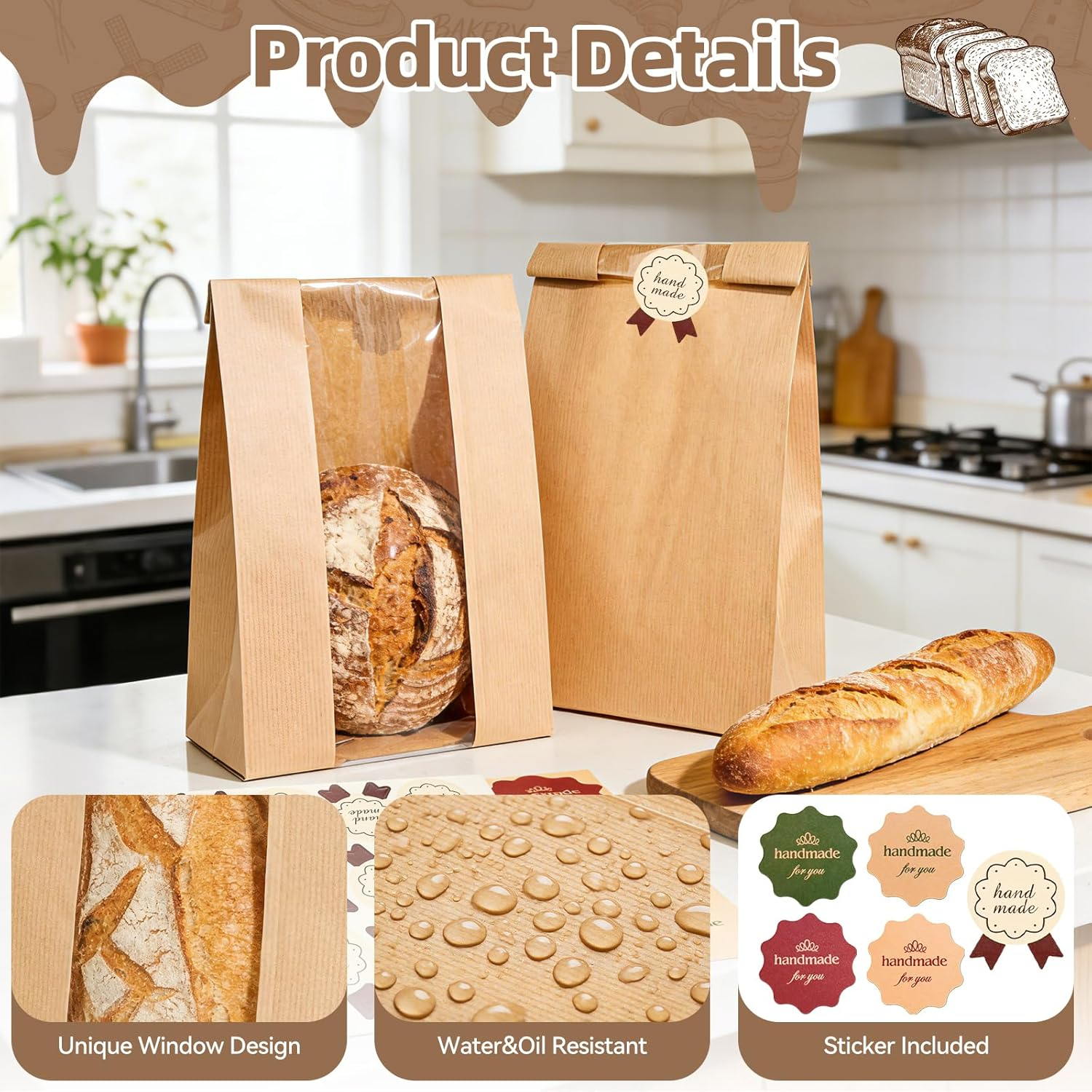 60 Pcs Paper Bread Loaf Bag Kraft Food Packaging Storage Bakery Toast Bag with Front Window, Label Seal Sticker Included (Style-1)