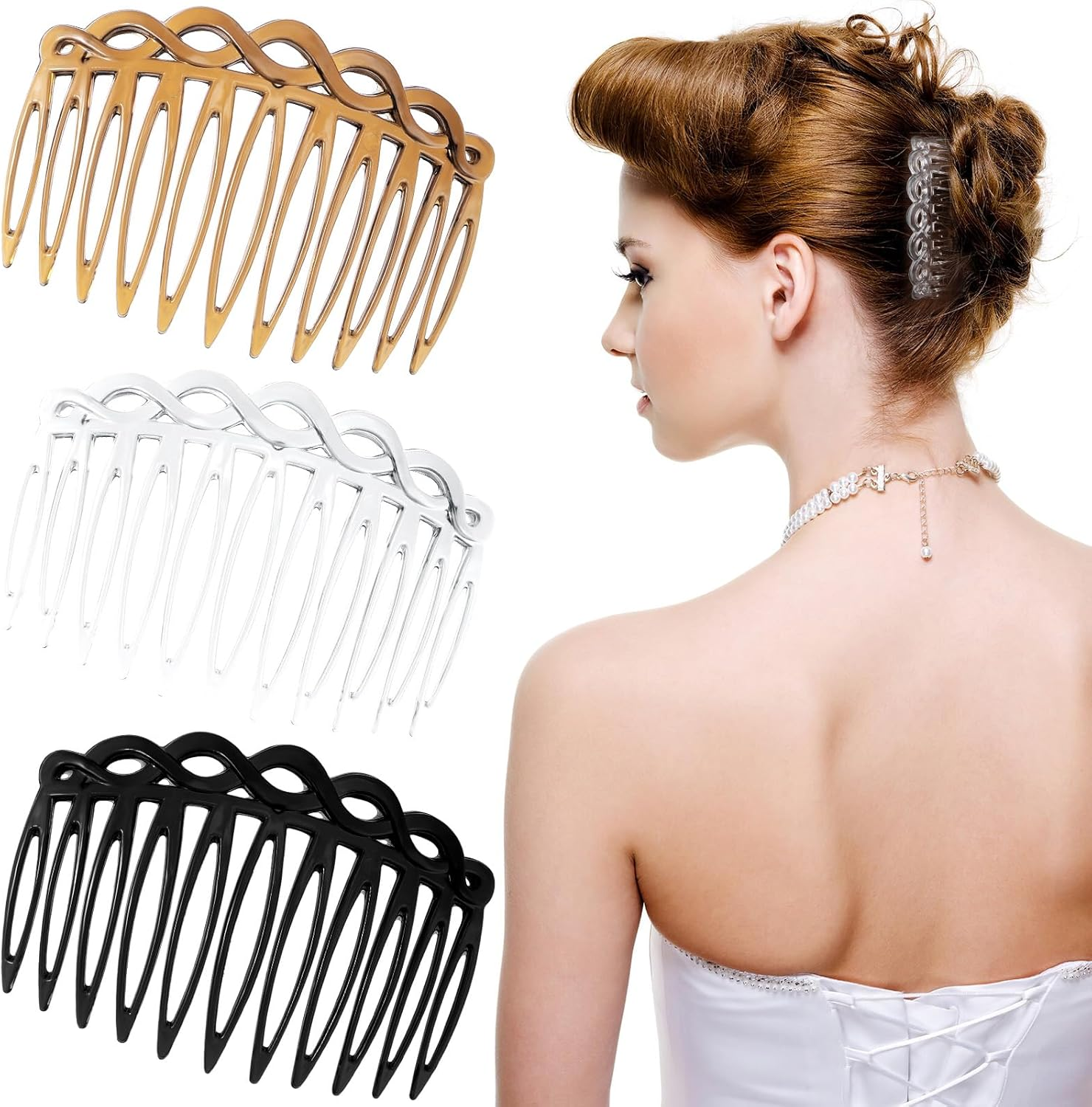 Mabor Set of 6 French Side Combs Set with 14 Teeth for Women Thick and Fine Hair (Black/White/Coffee) image number 3
