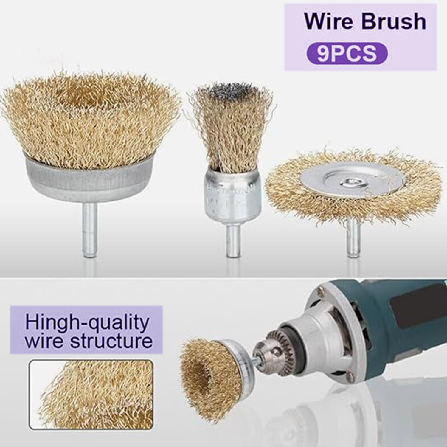 Roczential 9 Pack Brass Wire Brush for Drill, Wire Wheel Brush Cup Set, Wire Wheel for Drill , 1/4 Inch Arbor Carbon Steel Bristles for Cleaning Rust, Paint, Abrasive image number 2
