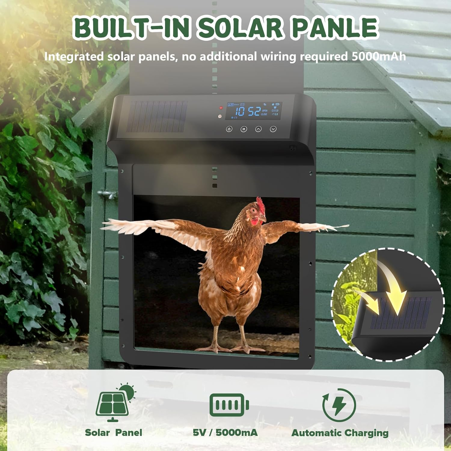Advwin Automatic Chicken Coop Door Programmable with App Control - Solar Powered Rechargeable Battery | Light Sensor & Timer | Anti-Pinch | Aluminum Alloy image number 1