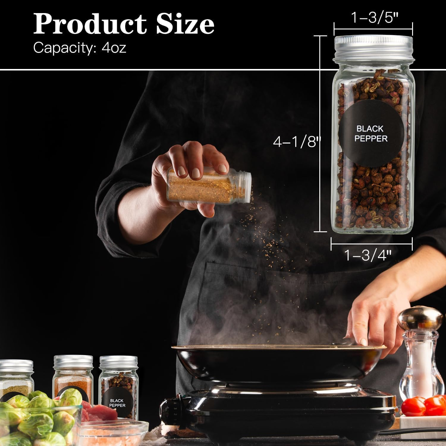 24Pcs Glass Spice Jars, 4 Oz Glass Seasoning Bottles, Spices Container, Empty Spice Jars, Square Spice Bottles with Airtight Stainless Steel Caps with Shaker Lid (24) image number 3