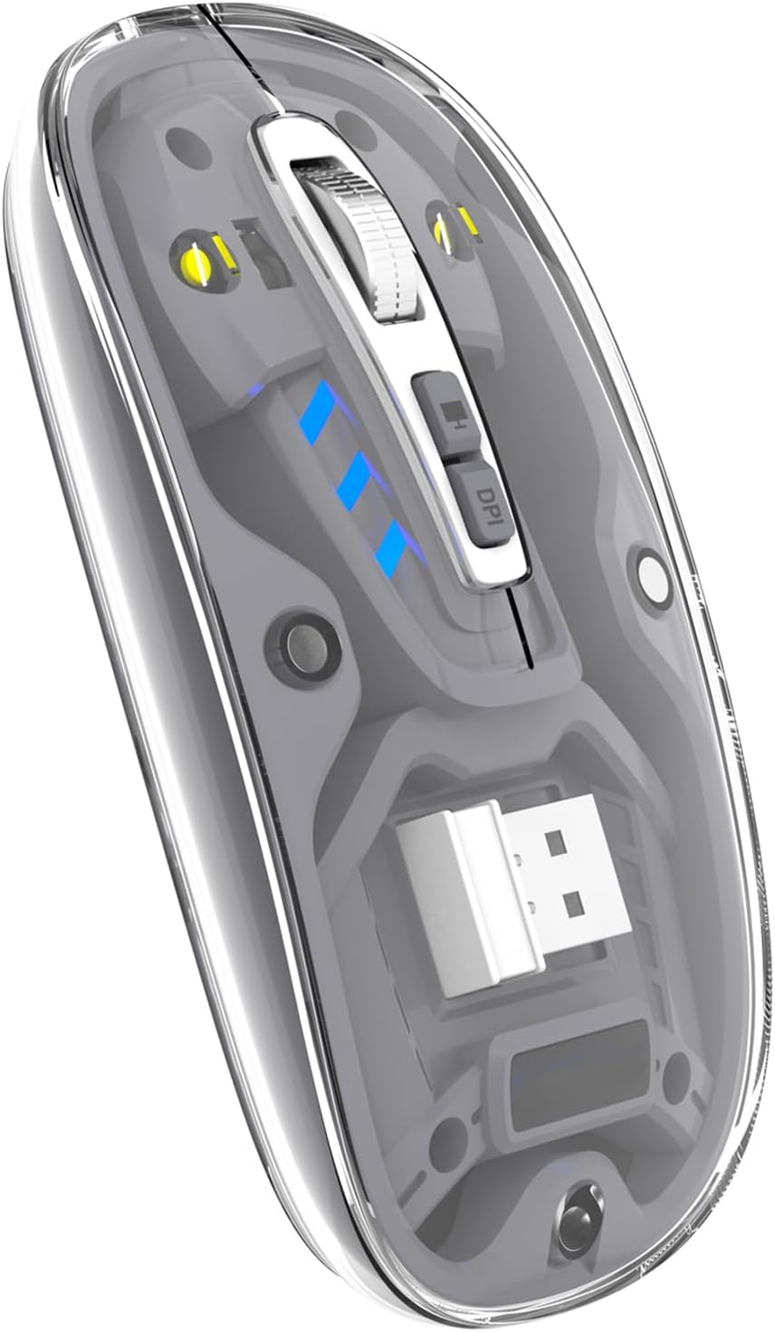 Lancoon Wireless Transparent Mouse with 2.4G Mute Button Cool Blue Light 3 Adjustable DPI Optical Sensor Rechargeable Design Magnetism Cover for Computer Gaming Home