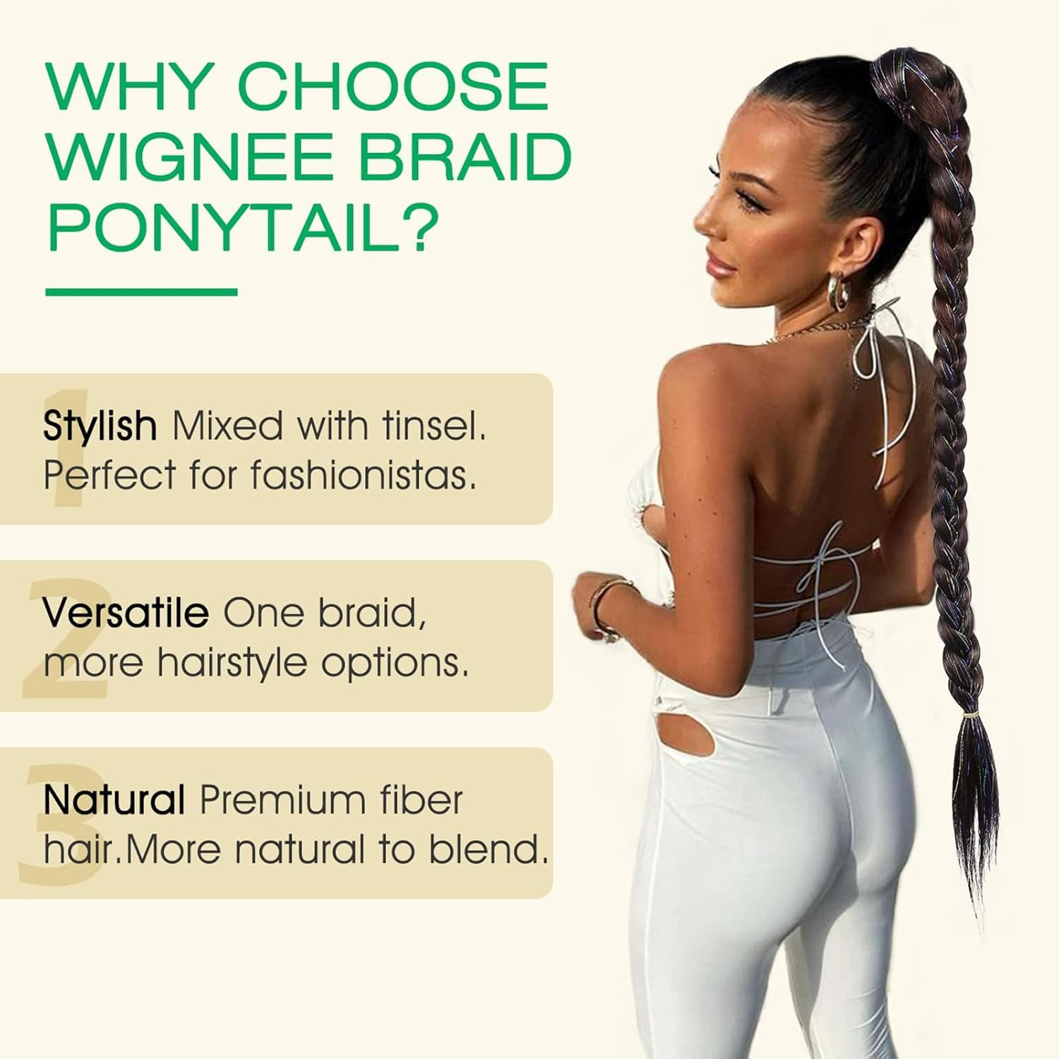 Braid Ponytail Extension with Glitter Hair Tinsel, 34" Long Straight DIY Braid Hair Extension with Hair Tie, Wrap around Hair Extensions Ponytail Natural Synthetic Hairpiece Black Brown image number 3