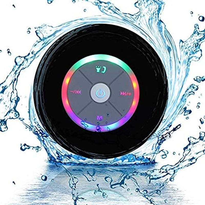 JUSTOP Rainbow LED Bluetooth Shower Speaker with FM Radio, IP67 Portable Fully Waterproof, Hands-Free Speakerphone. Rechargeable Using Micro USB, Perfect Speaker for Golf, Beach, Shower & Home (Black)