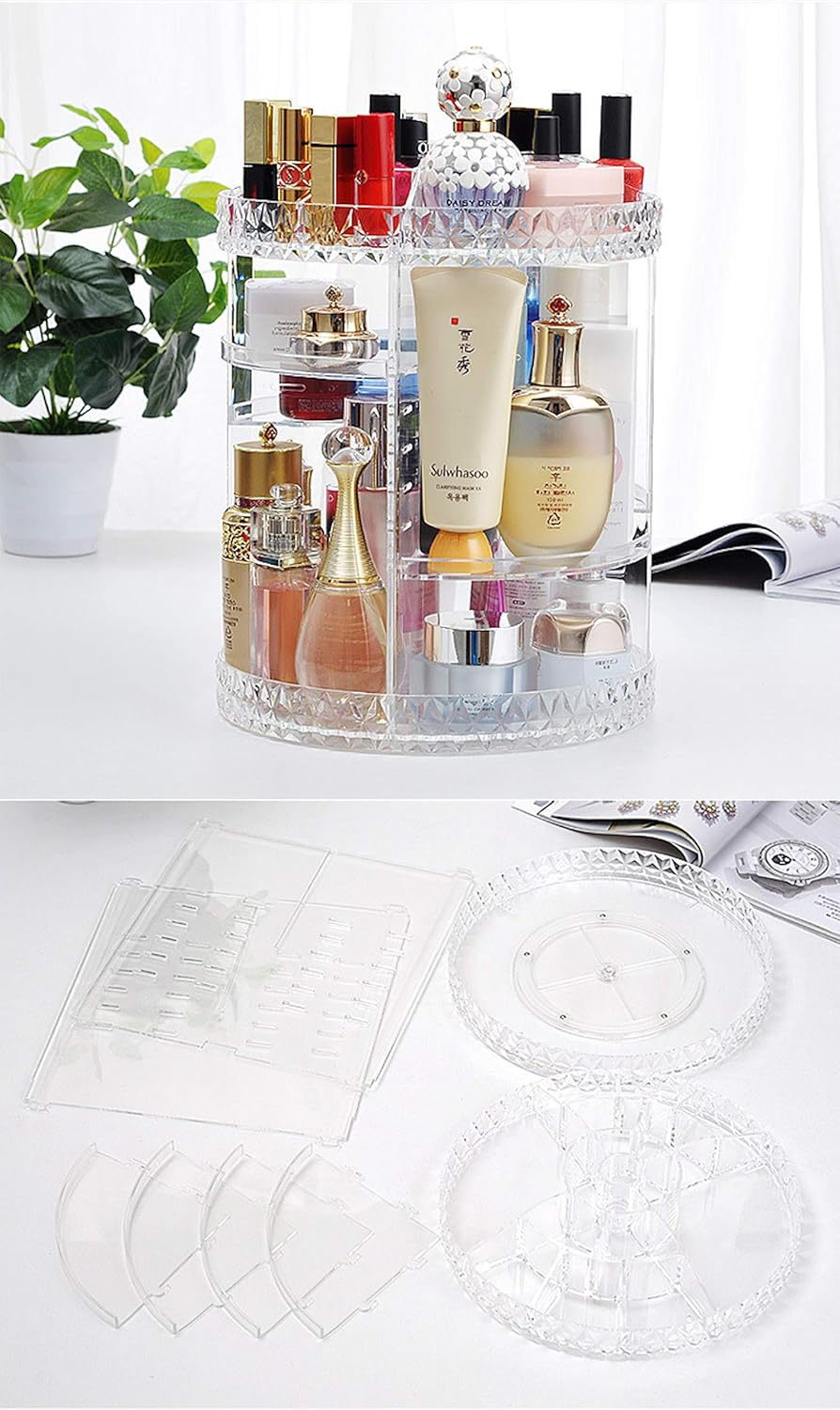 Elonglin Makeup Organiser, Rotating 360 Degree Crystal Adjustable Jewelry Cosmetic Perfumes Display Stand Box, Fits Lipsticks,Makeup Brushes, Perfume and More- Crystal Clear image number 6