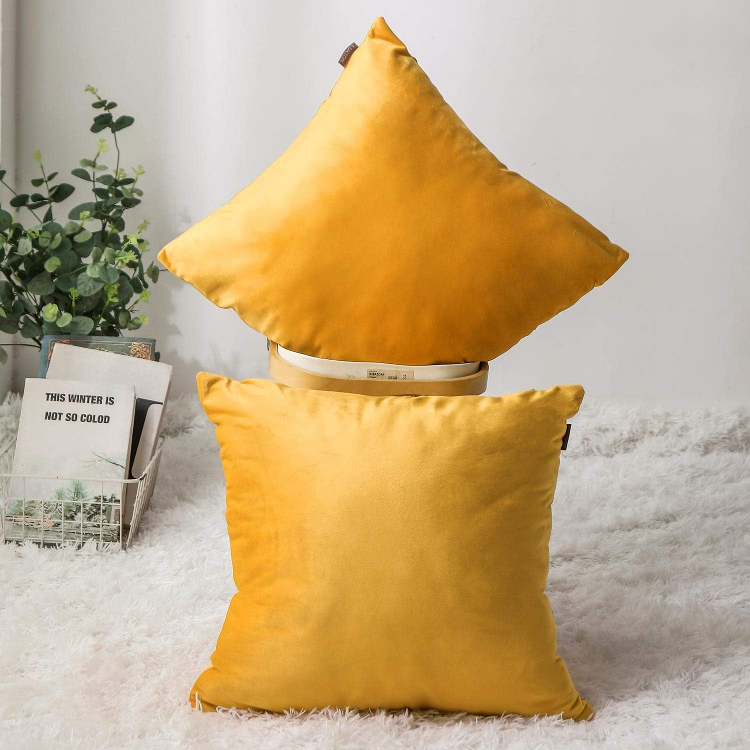 Set of 2 Luxton Velvet Square Cushion Covers Orange, Solid Plain Orange Decorative Throw Pillow Covers for Bedroom Lounge Sofa (45X45Cm, Orange) - Aqua Blue image number 3