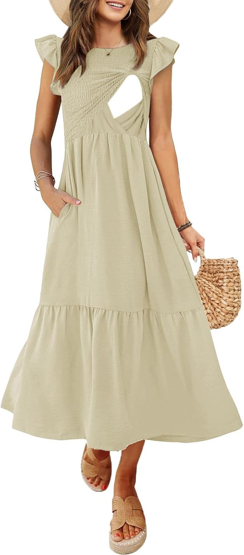 Women'S Nursing Dress Flutter Short Sleeve Crew Neck Smocked Elastic Waist Tiered Midi with Pockets