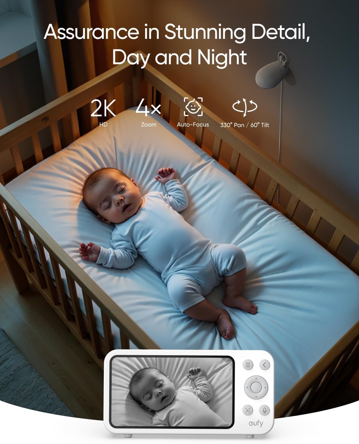Eufy Security Baby Monitor E20 with 2K HD Camera, 5'' 720P Display, Hybrid Wi-Fi & No Wi-Fi Connection, Pan-Tilt, 4X Zoom, Portable Camera with Built-In Battery, 24/7 Recording in App, ANR image number 4