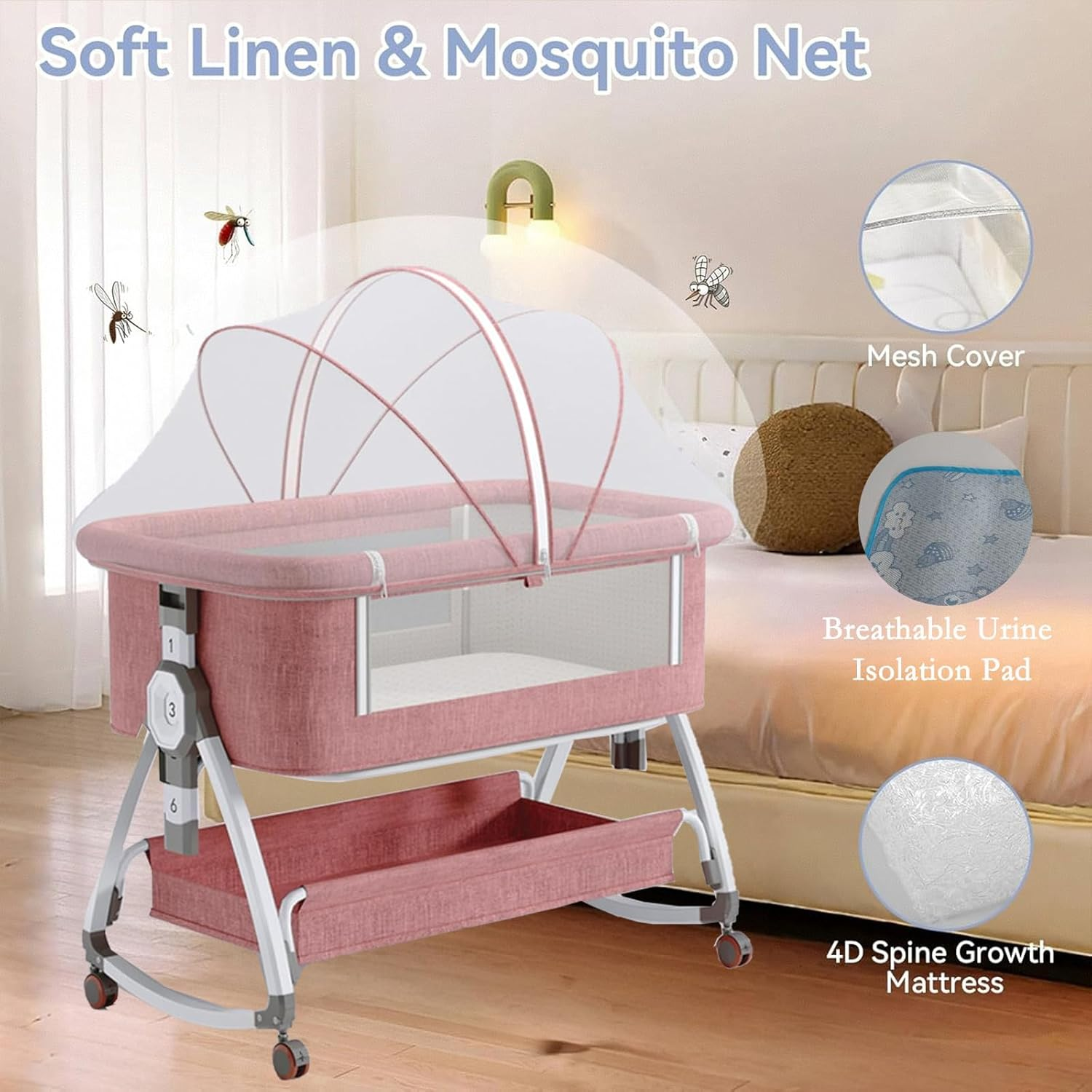 Hoxue 4 in 1 Baby Bassinet Crib,Portable Bassinets Bedside Sleeper with Comfy Mattress Storage Basket and Mosquito Net,Pillow,Summer Sleeping Mat,Height Adjustment Rocking Bedside Crib (Pink) image number 3