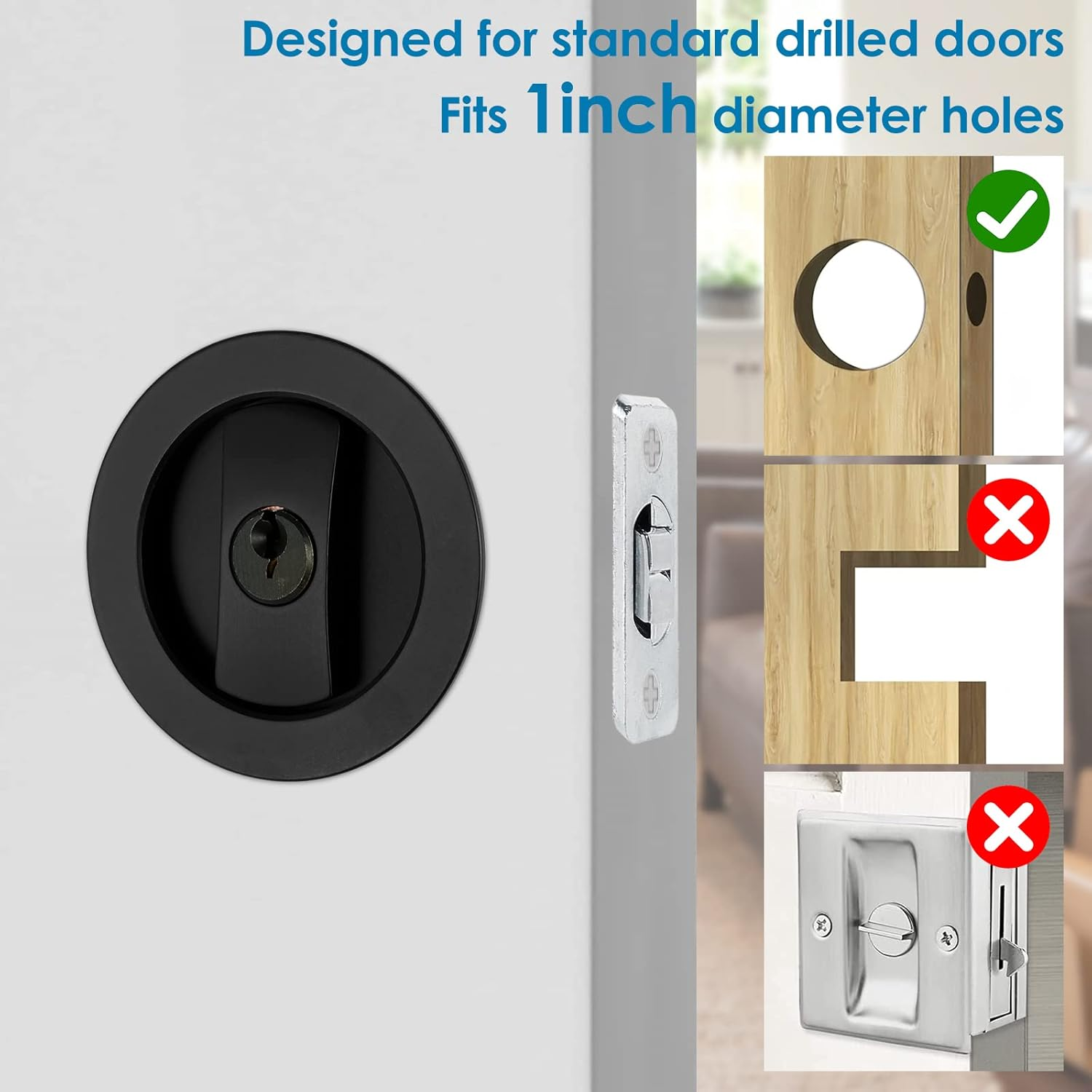 Bed/Bath Pocket Door Lock and Pull round Privacy Door Lock with Key Recessed 2 Sided Invisible Sliding Door Locks Hardware for 1 3/8 Inch to 1 15/16 Inch Thickness Door (Black) - Black image number 5