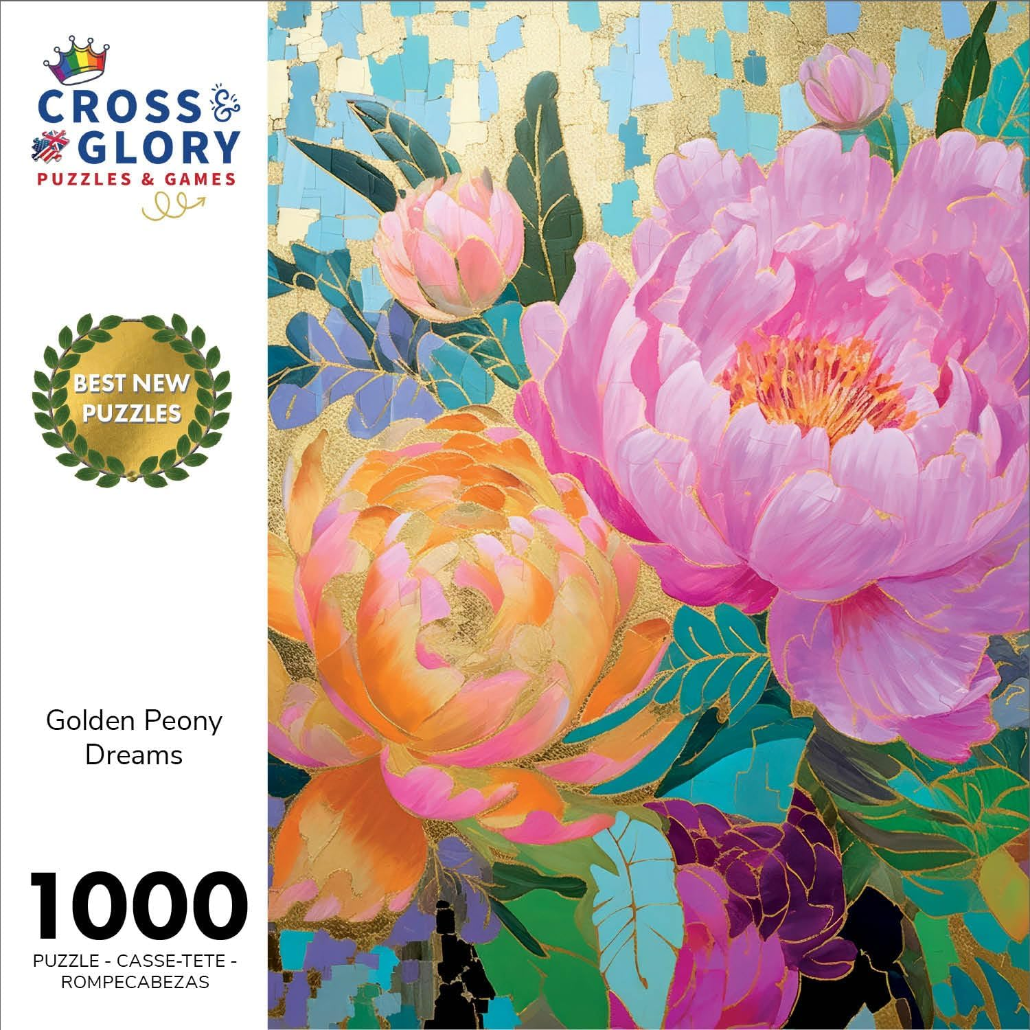 Golden Peony Dreams - Beautiful 1000-Piece Jigsaw Puzzle for Adults | Vibrant Mosaic-Inspired Artwork with Gold Leaf Details | Premium Quality & Eco-Friendly | Cross & Glory Masterpiece Collection